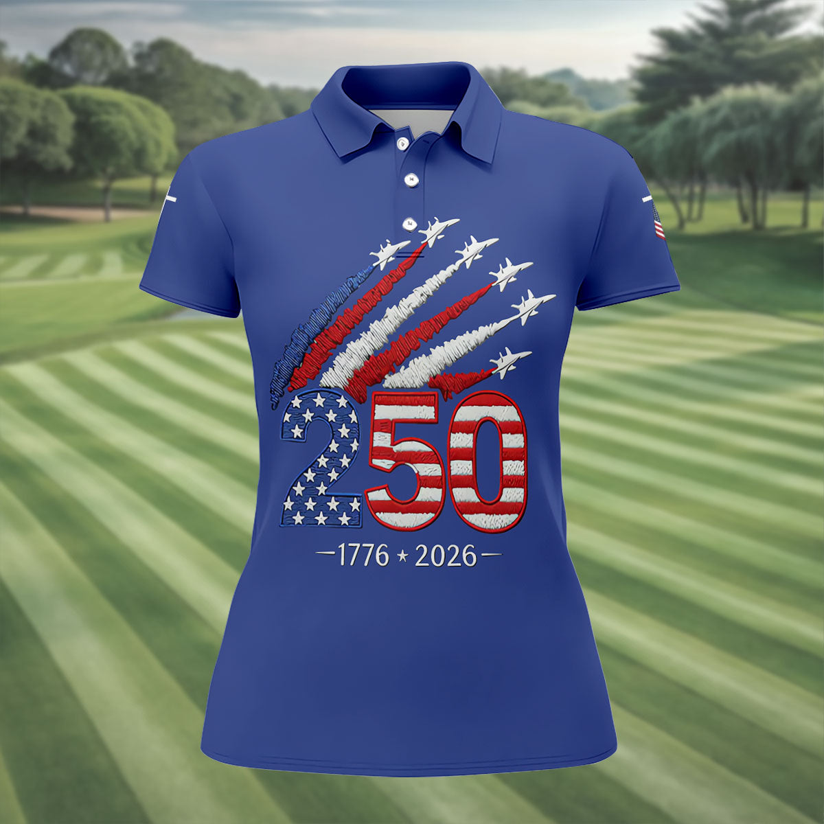 Flying Fighter Jets Faith Cross Patriotic 4th Of July Blue Golf Shirt, 250 Years Golf Shirt For Women