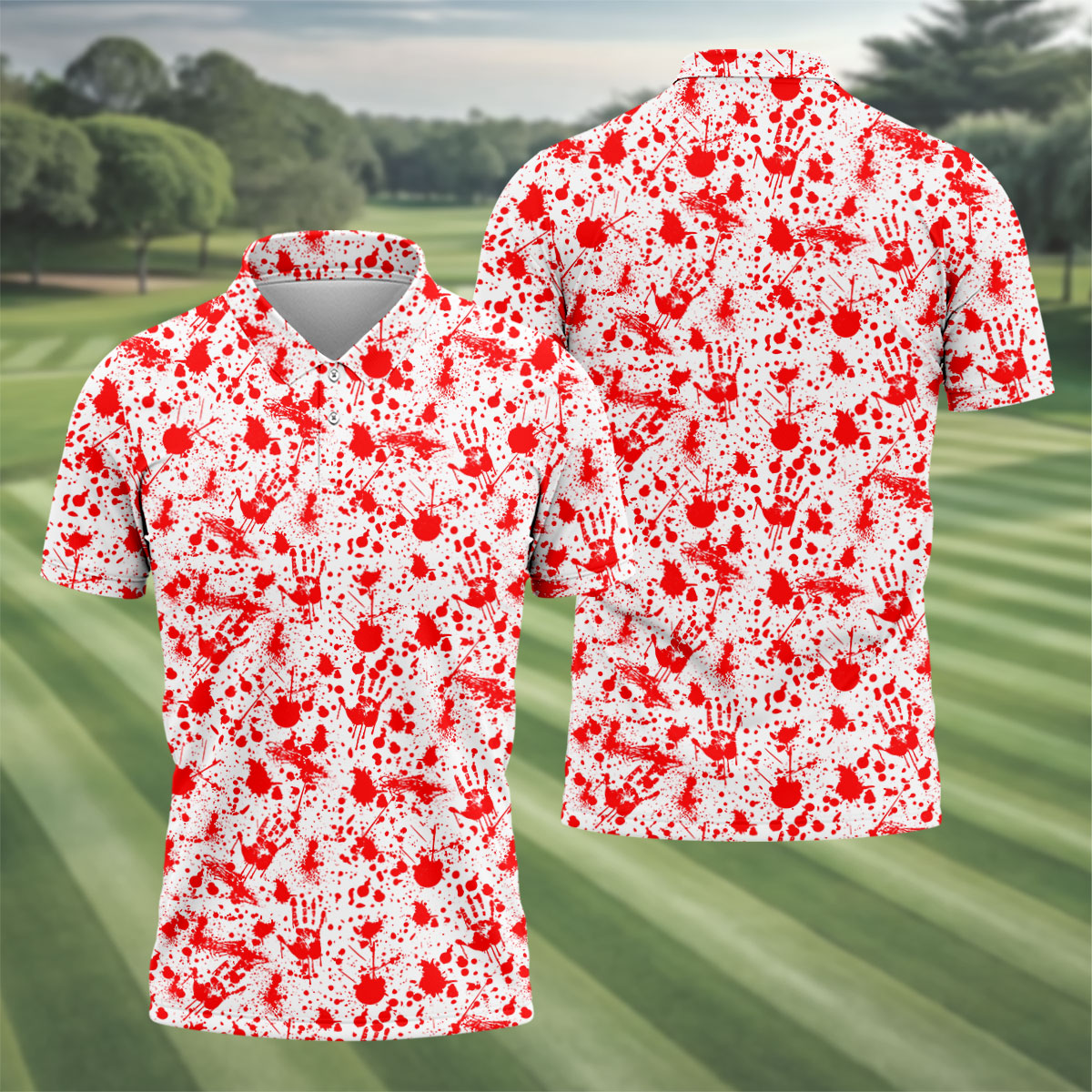 Horror Character Blood Splatter Pattern Golf Polo Shirt, Men's Golf Polo, Hawaiian Golf Shirt