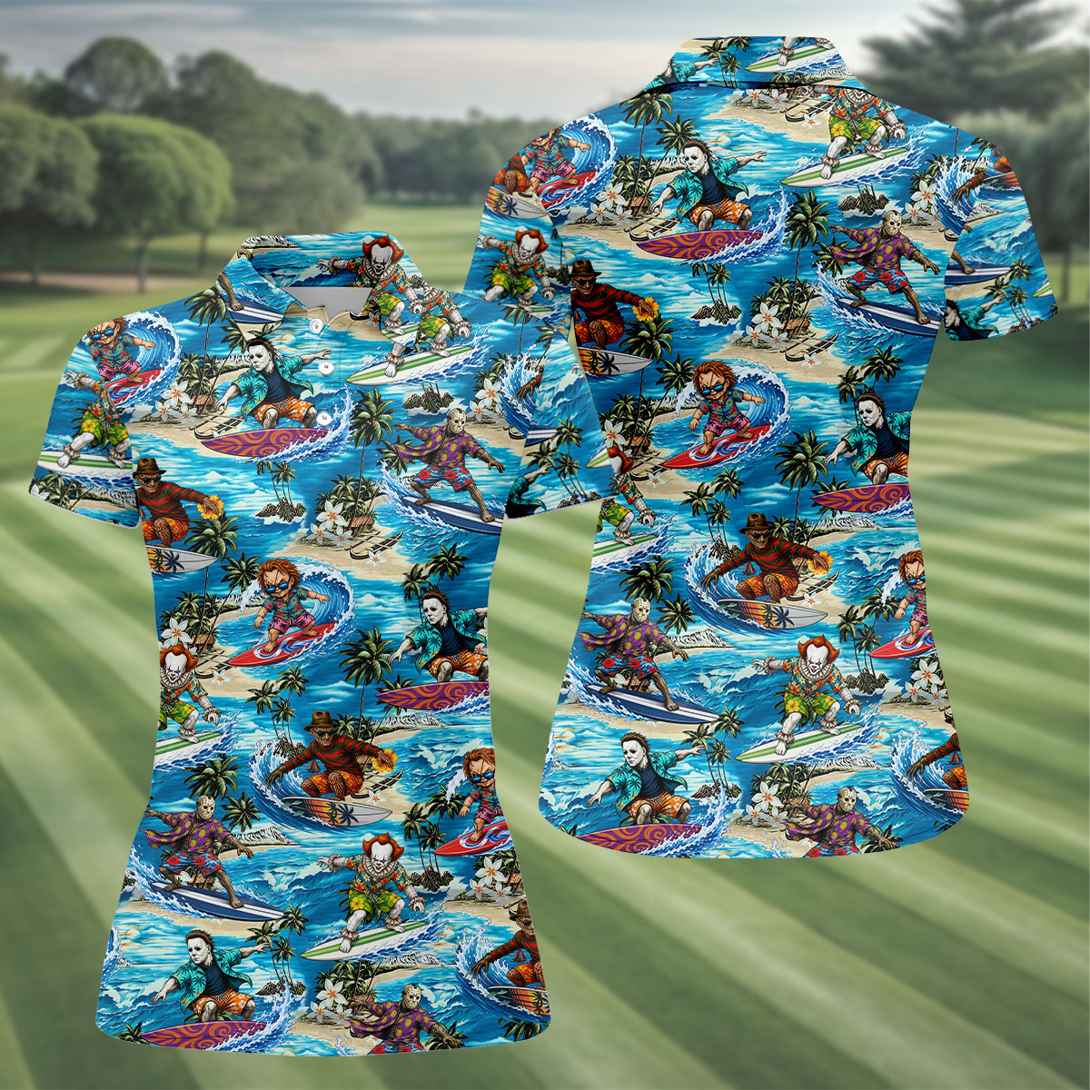 Horror Surfing Hawaiian Golf Shirt, Tropical Golf Tops, Golf Shirts For Women