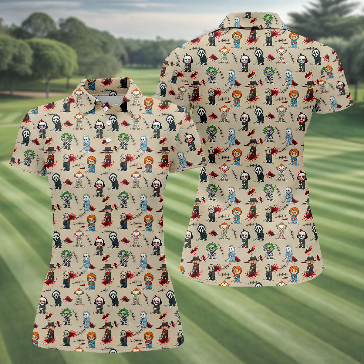 Cute Horror Character Golf Pattern Polo Shirt, Womens Golf Polo, Ladies Golf Shirts