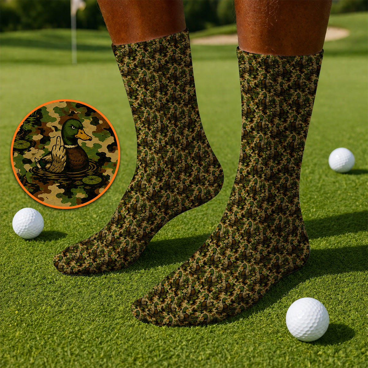 Funny Mallard Duck Golf Socks, Camo Duck Pattern Sock, Hunting Gift For Golf Lovers
