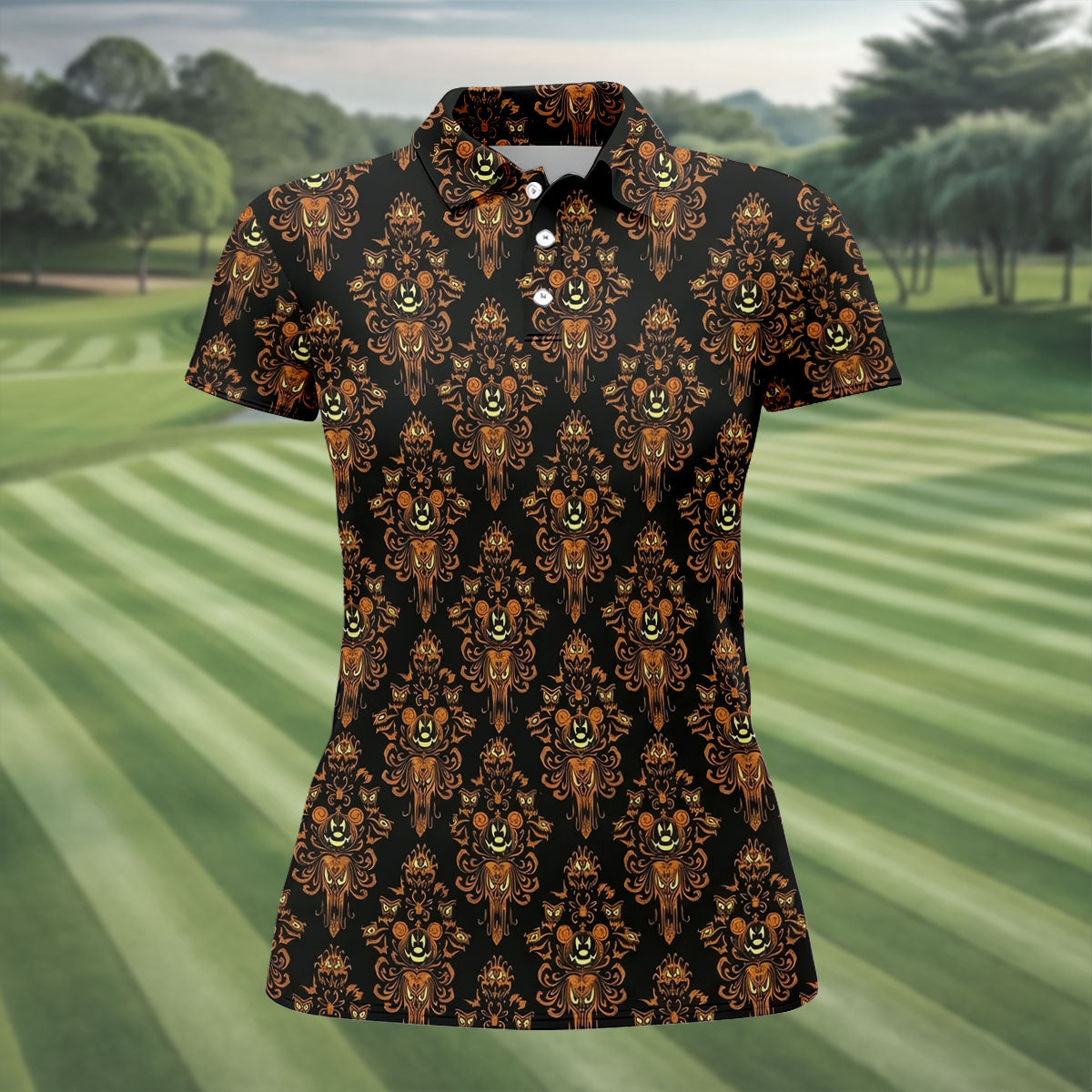 Haunted Face Wallpaper Halloween Golf Polo Shirt, Women's Golf Shirt, Golf Tops For Women