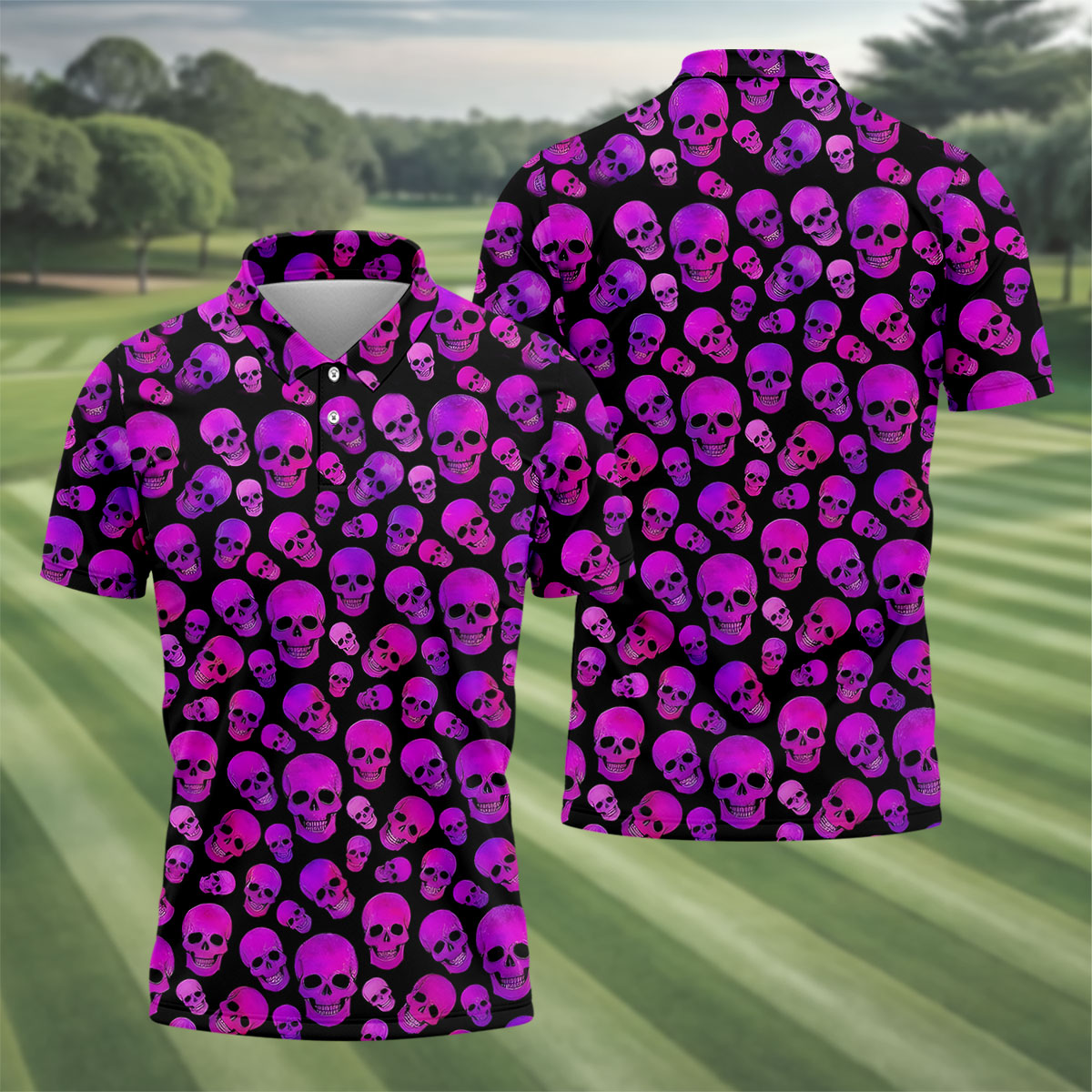 Purple Skull Gothic Pattern Hawaiian Golf Shirt, Mens Golf Polo, Printed Golf Shirts