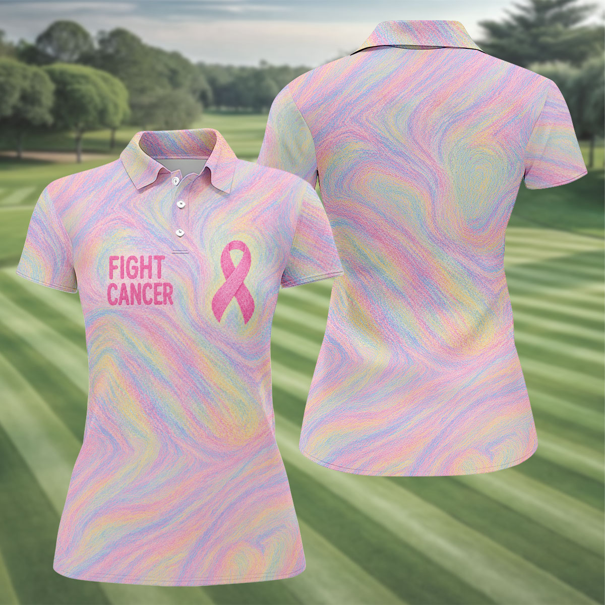 Fight Cancer Pink Ribbon Breast Cancer Polo Shirt, Ladies Golf Tops, Golf Shirts For Women