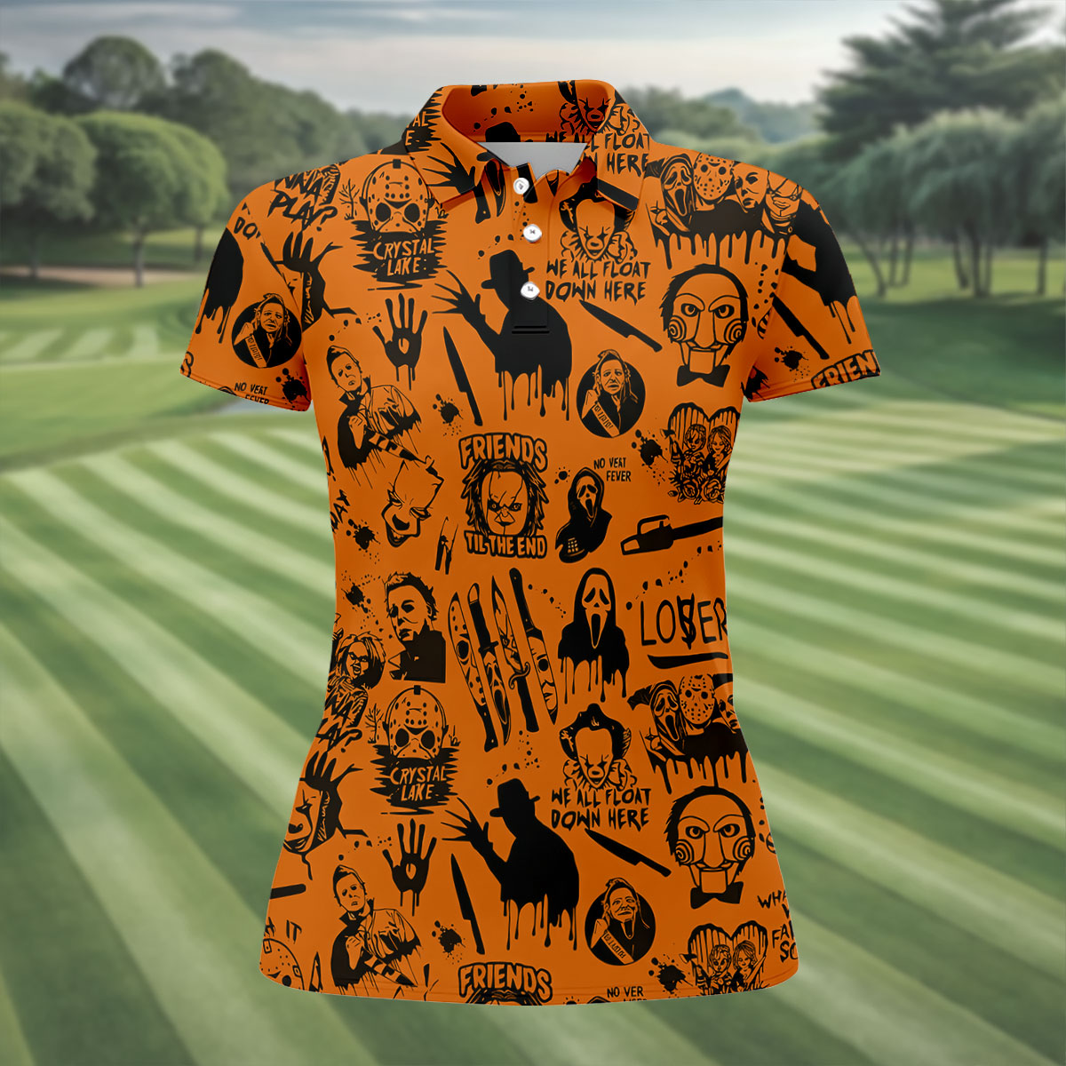 Orange Horror Character Icons Pattern Golf Polo Shirt for Halloween, Womens Golf Polo, Ladies Golf Shirts