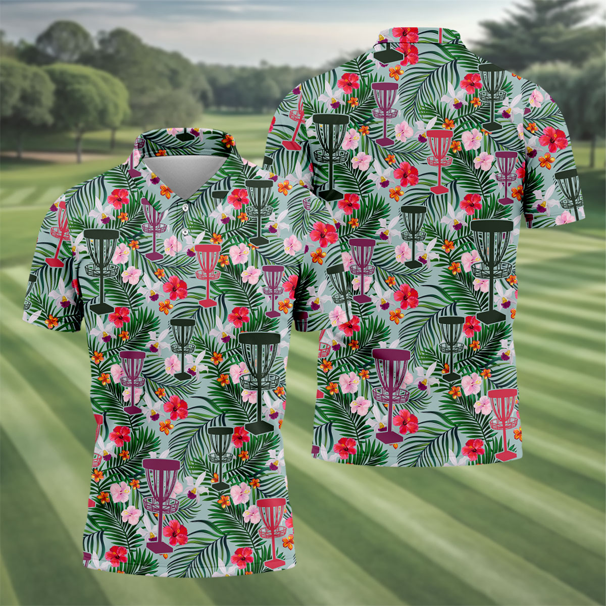 Tropical Disc Golf Basket Floral Polo Shirt, Hawaiian Golf Shirt, Golf Polo Shirts For Men