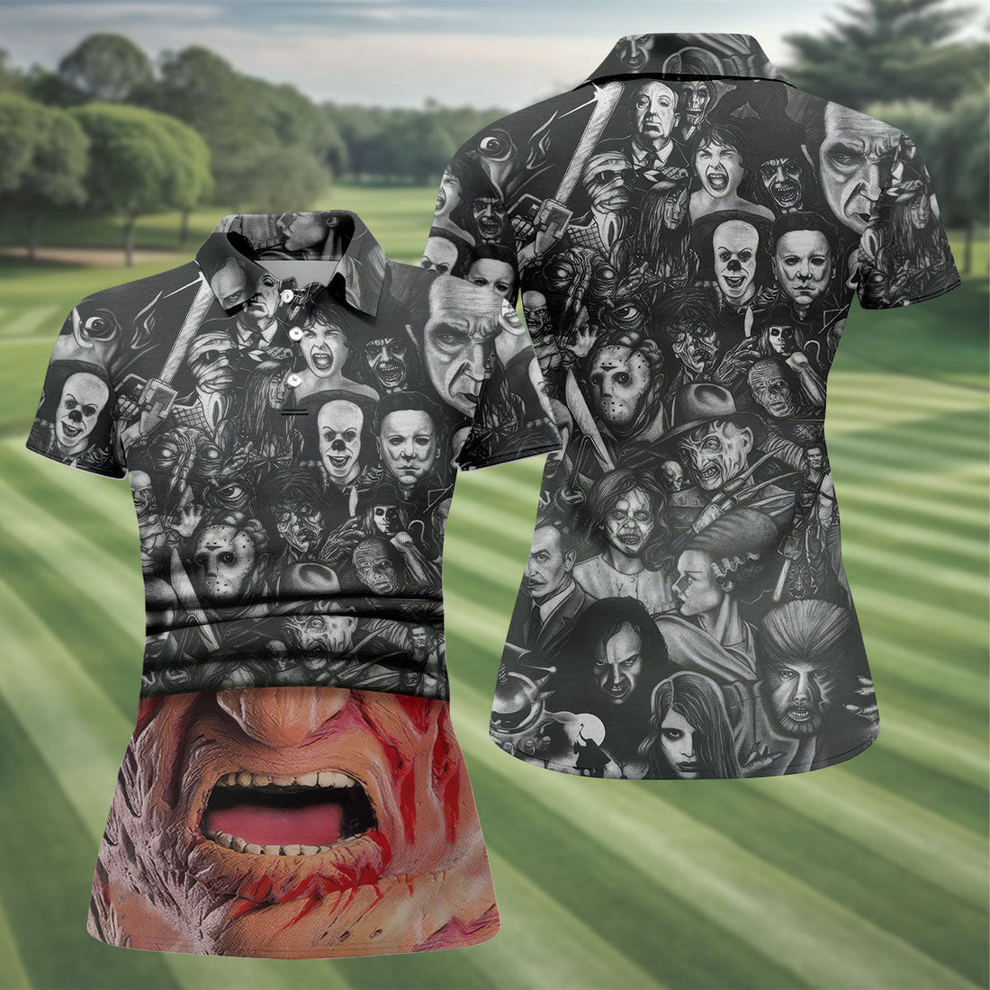 Burned Face Horror Character Halloween Polo Shirt, Womens Golf Tops, Printed Golf Shirt
