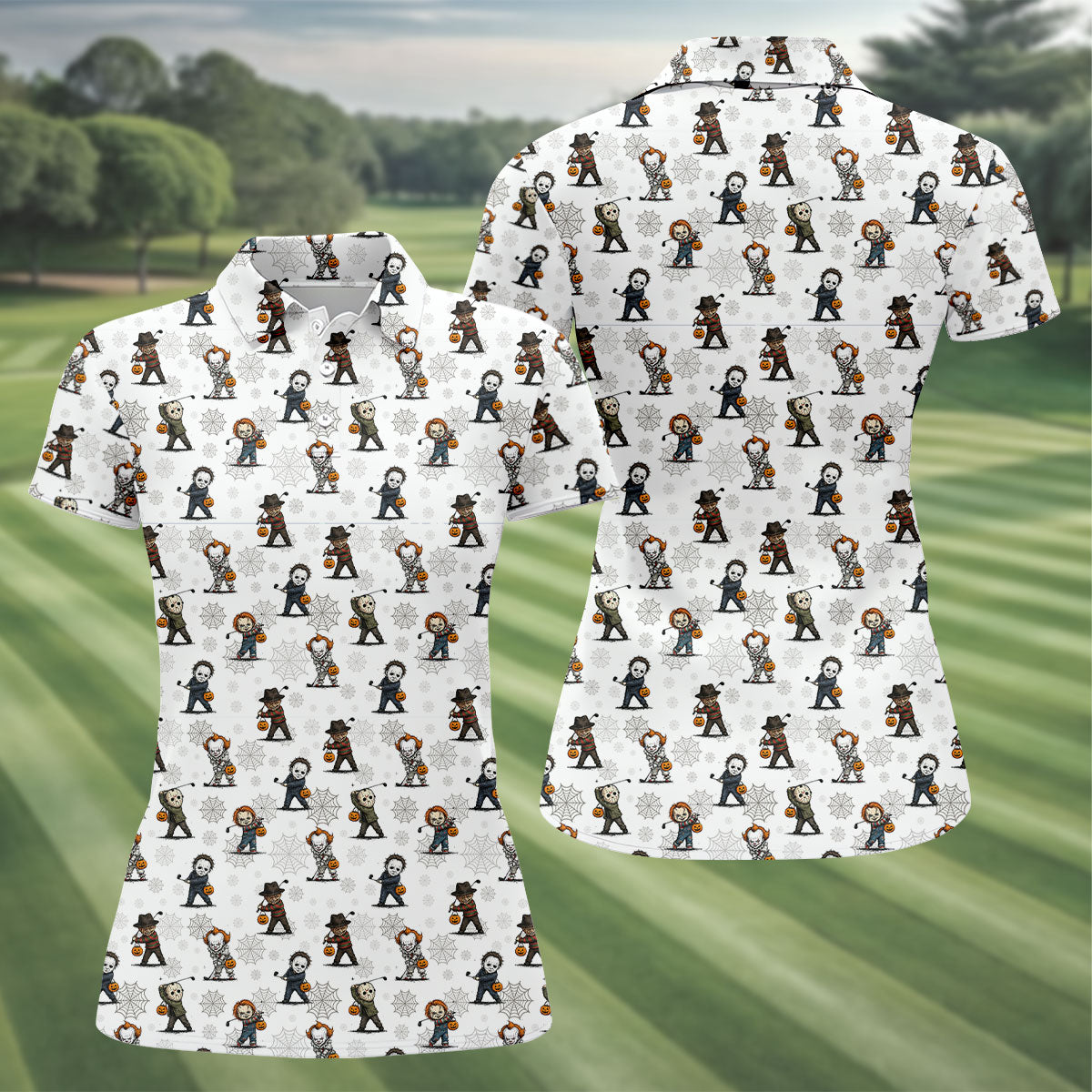 Horror Character Halloween Golf Pattern Polo Shirt, Golf Polo For Women, Performance Golf Shirt