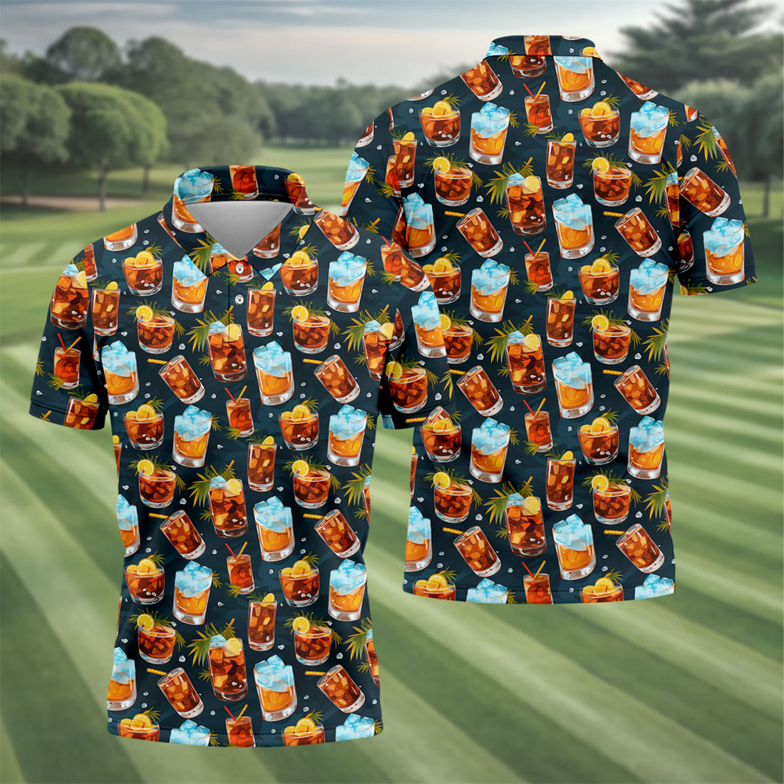 Summer Cocktail Pattern Hawaiian Golf Shirt, Mens Golf Apparel, Golf Polo Shirts For Men