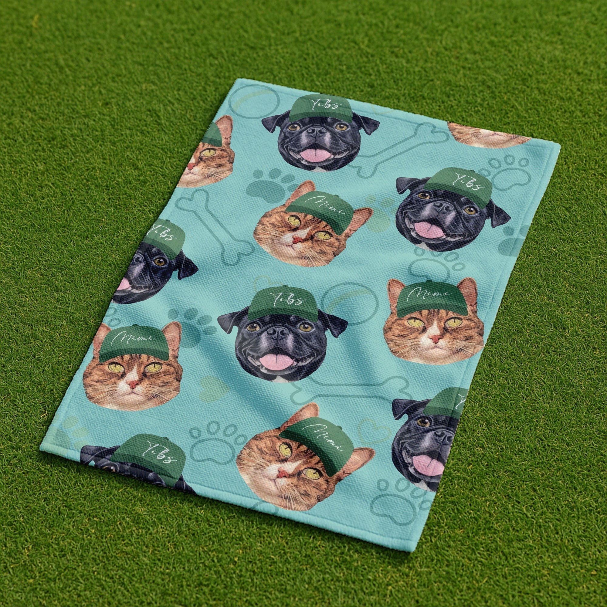 Pet Dog and Cat Face Golf Towel with Green Caps, Funny Golf Towel, Golf Accessories Gift