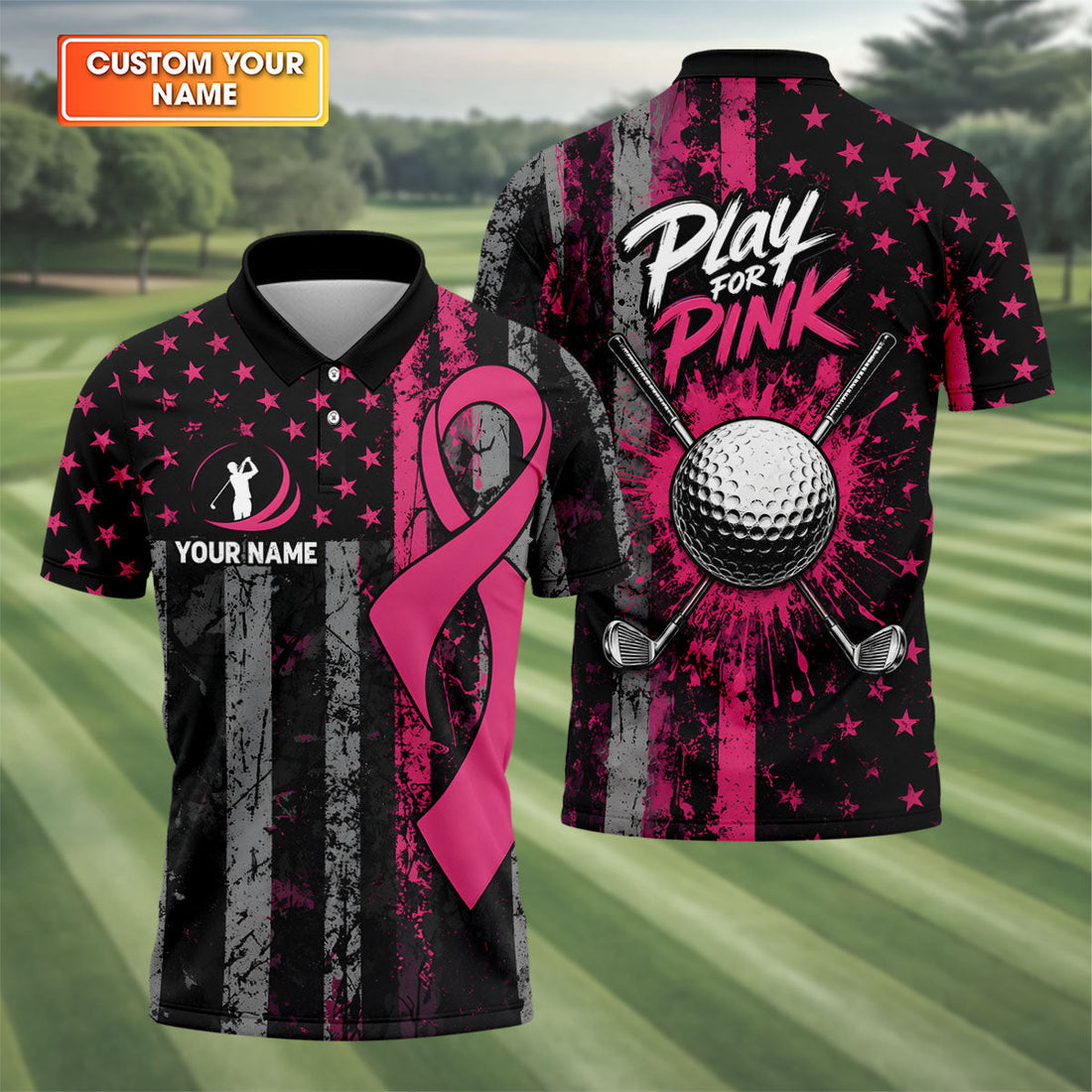 Custom Play For Pink Breast Cancer Golf Polo Shirt, Men's Golf Shirt, Printed Golf Shirts
