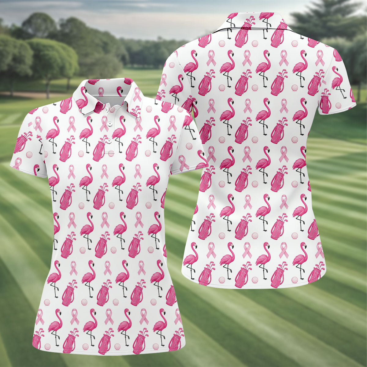 Pink Flamingo Golf Bag Breast Cancer Polo Shirt, Women’s Golf Polo, Ladies Golf Shirts