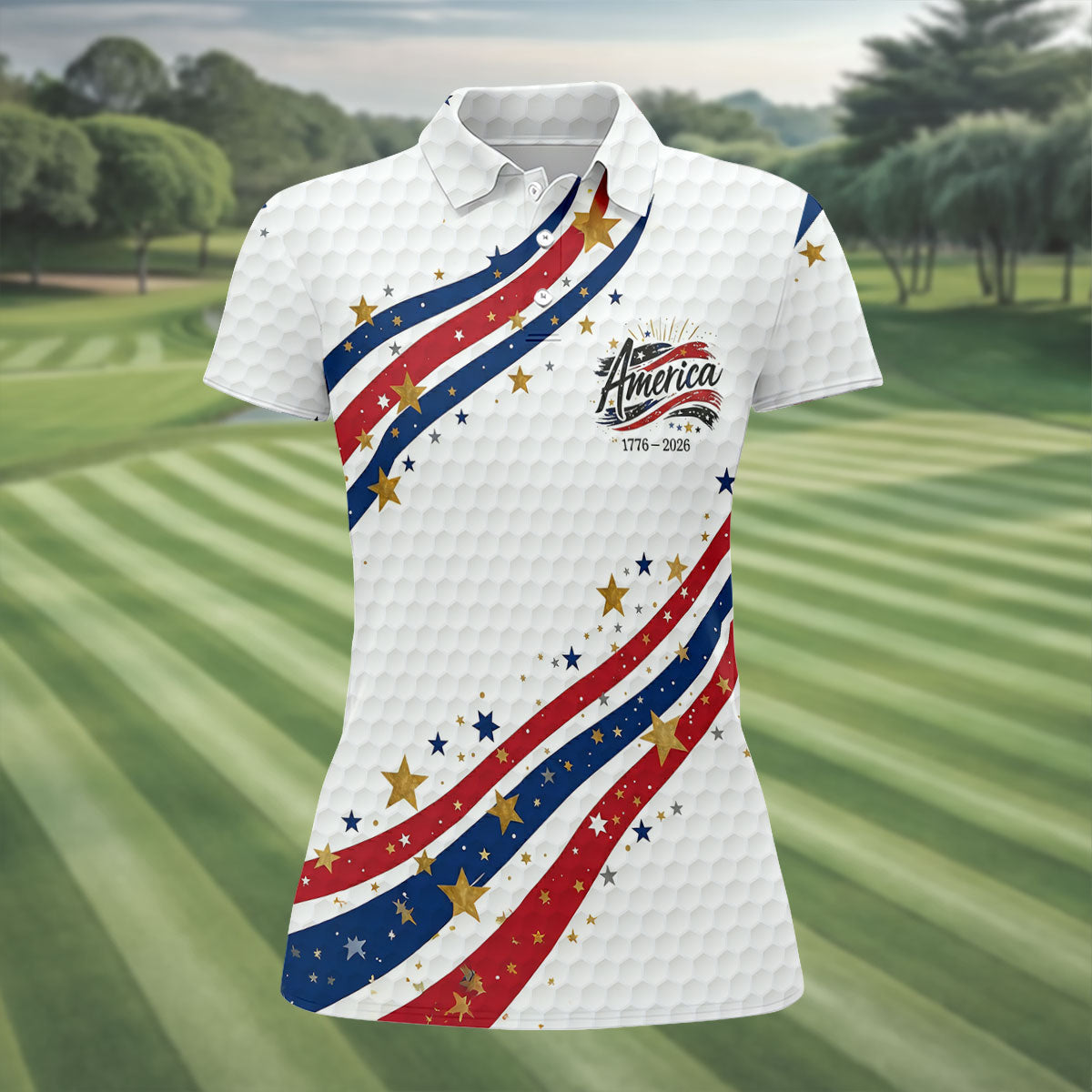 Red White Blue Wavy Stripes Golf Ball Pattern Patriotic Golf Shirt, 250th Anniversary Golf Shirt For Women