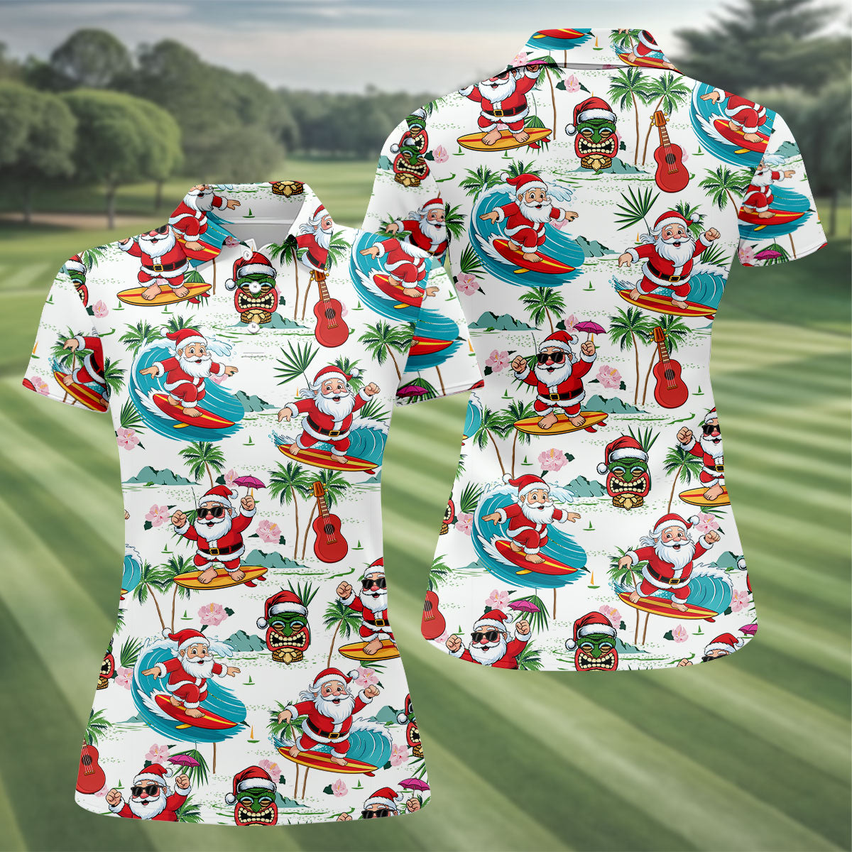 Tropical Christmas Surfing Santa Golf Polo Shirt, Women’s Golf Polo, Golf Tops For Women