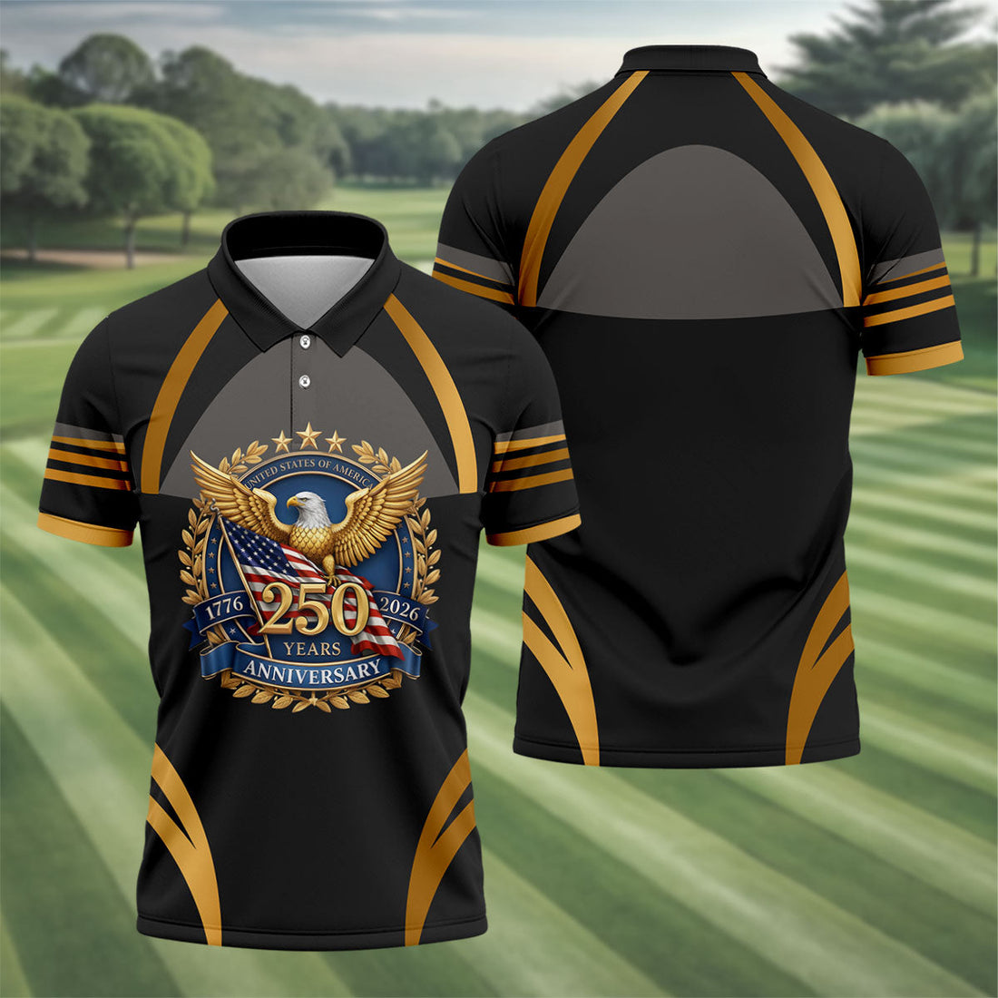 250 Years Anniversary Bald Eagle US Flag Patriotic Golf Shirt, 4th Of July Golf Shirts For Men