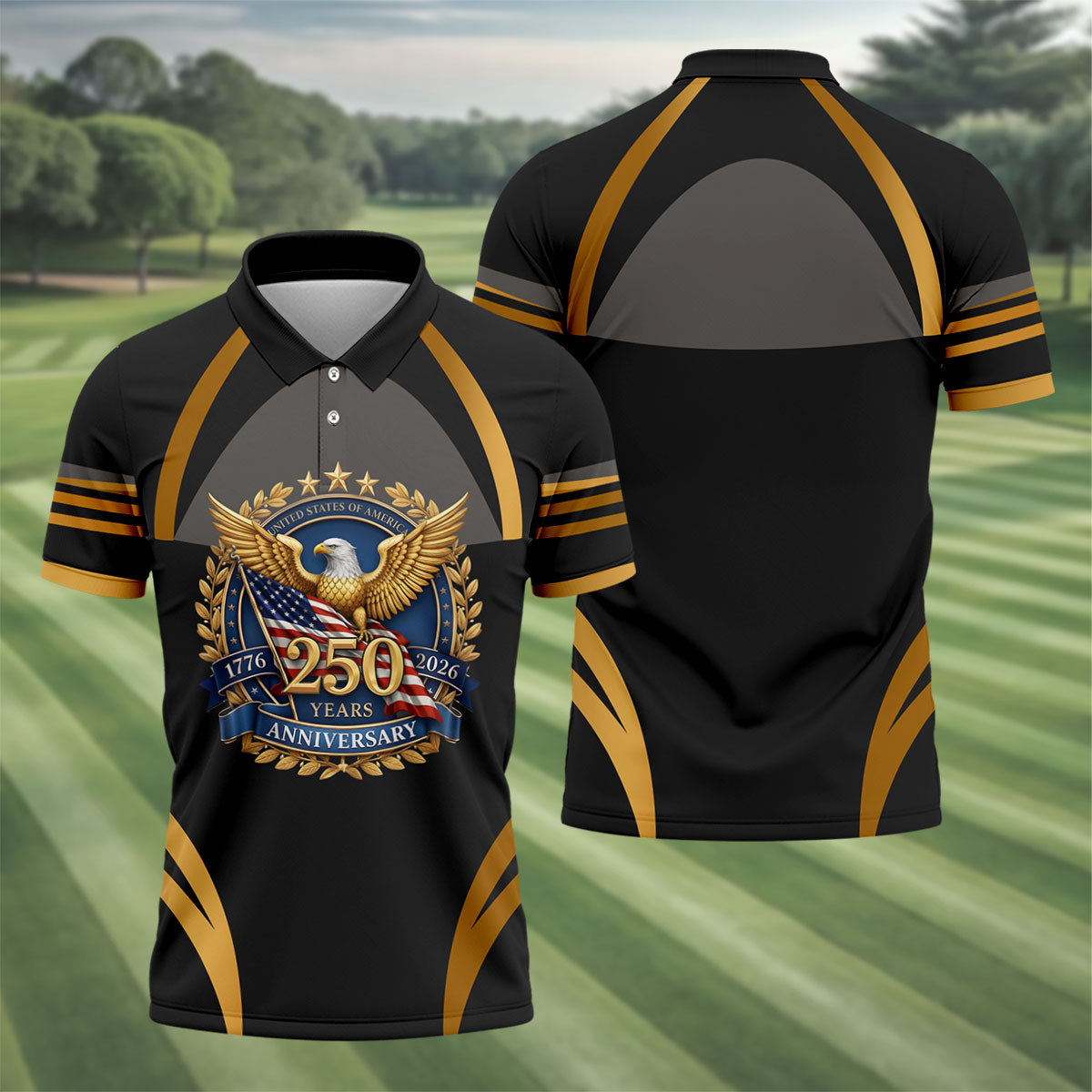 250 Years Anniversary Bald Eagle US Flag Patriotic Golf Shirt, 4th Of July Golf Shirts For Men