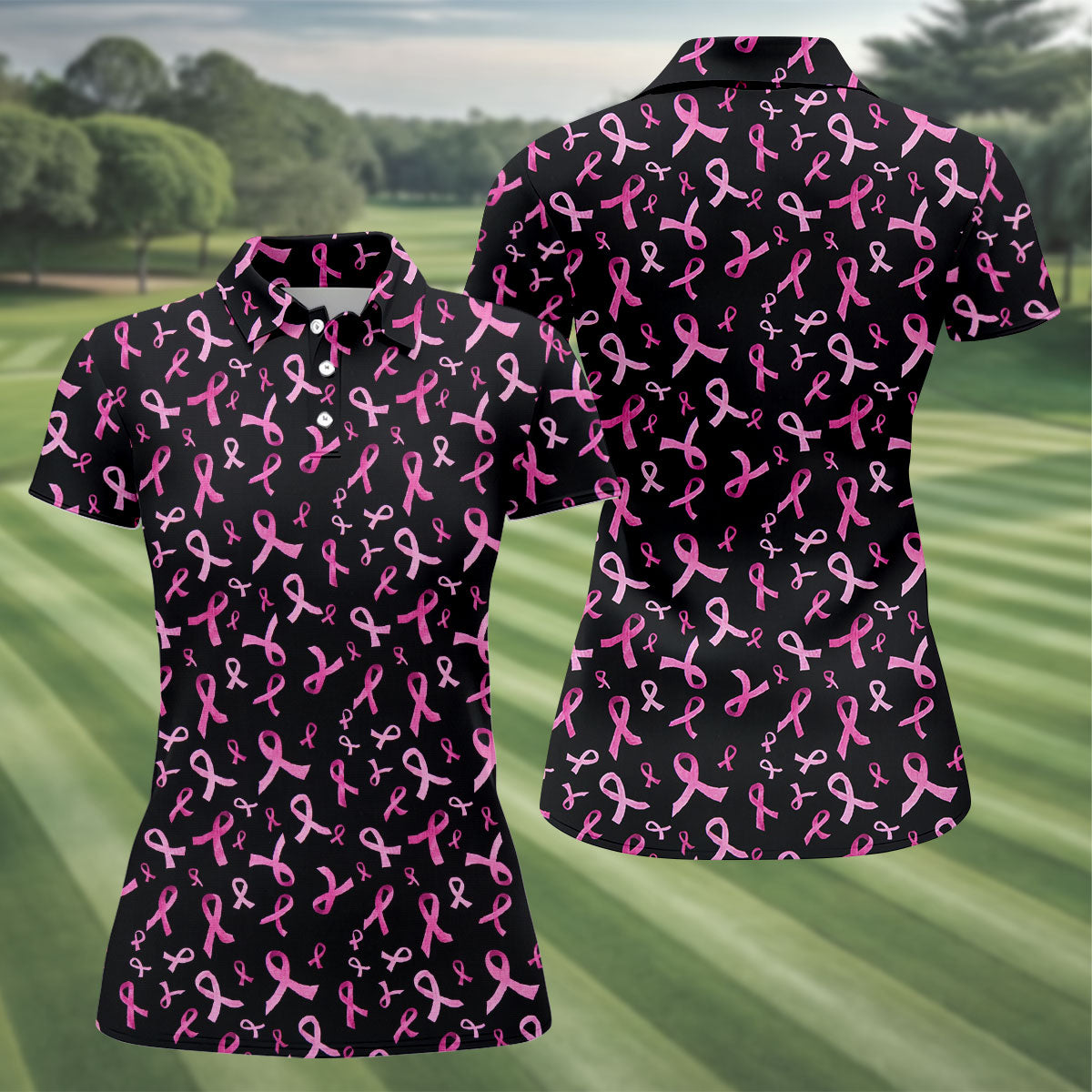 Watercolor Pink Ribbon Breast Cancer Polo Shirt, Golf Tops For Women, Printed Golf Shirt