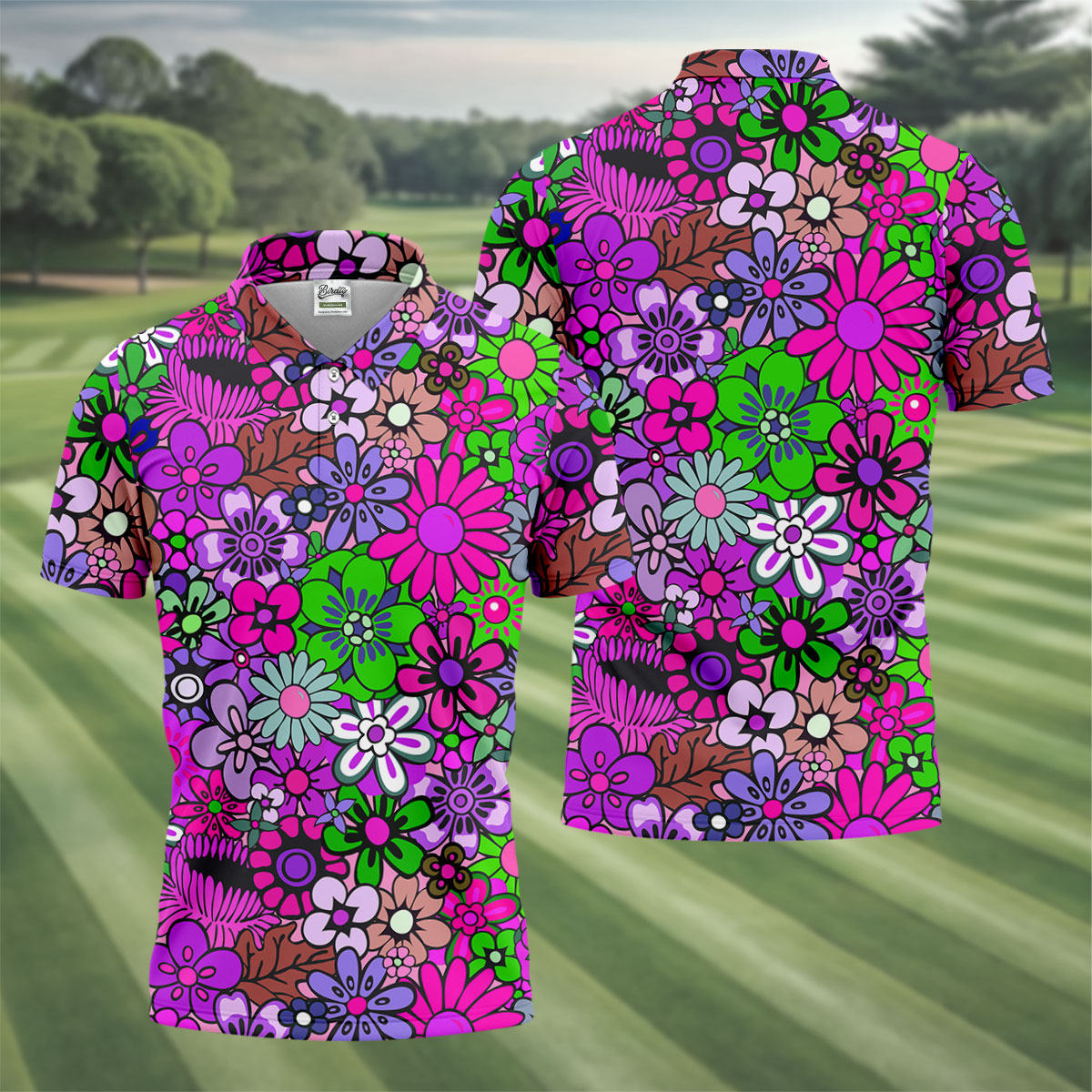 Pink Purple Retro Flower Power Golf Shirt, Mens Polo Shirts, Hawaiian Golf Shirt, Printed Golf Shirts