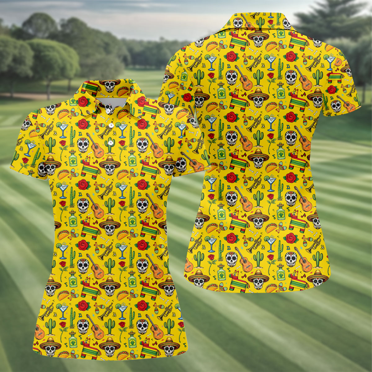 Decorated Skulls Party Items Cinco De Mayo Celebration Fiesta Themed Yellow Golf Shirt For Women