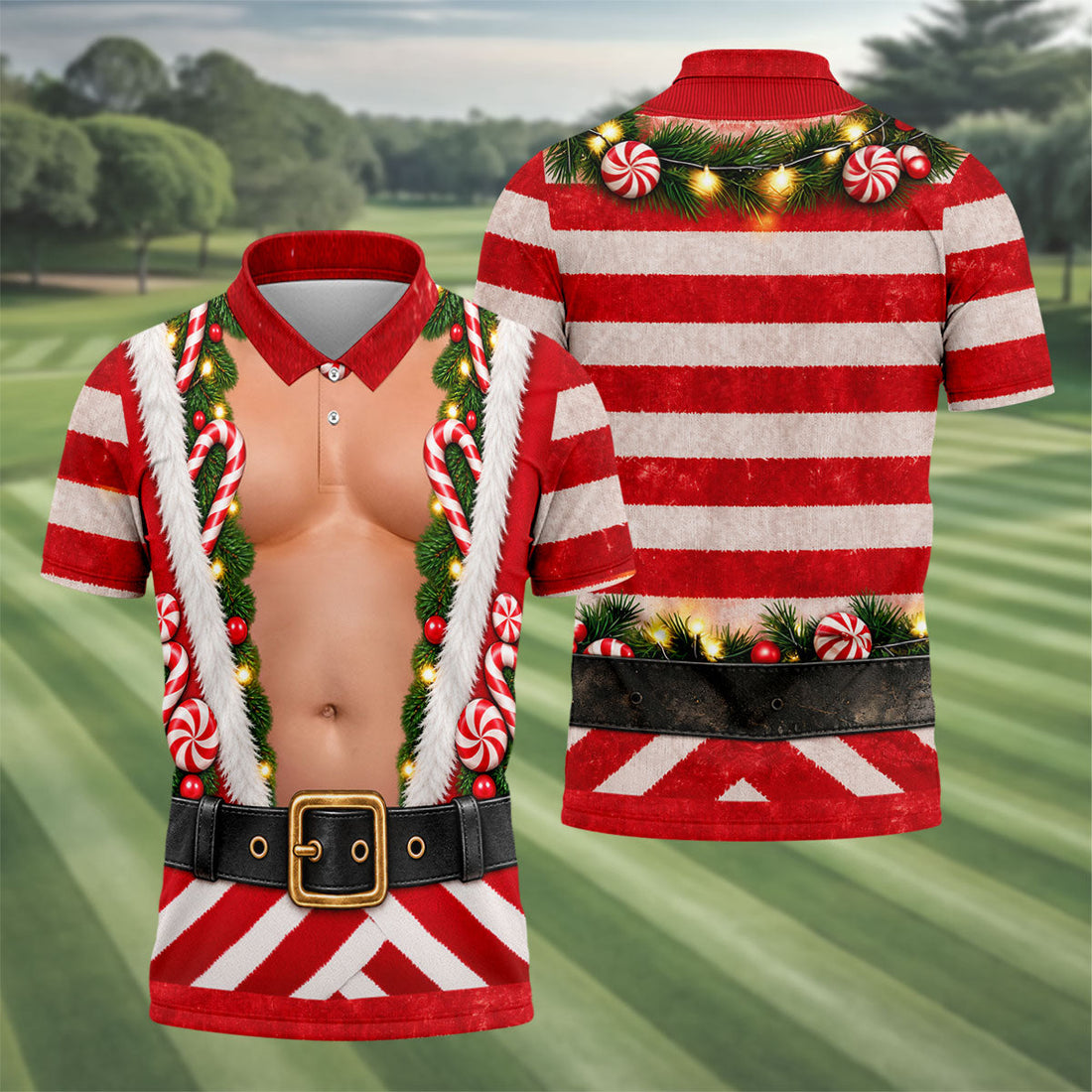 Christmas Candy Cane Santa Suit Polo Shirt, Mens Golf Shirts, Golf Apparel For Men