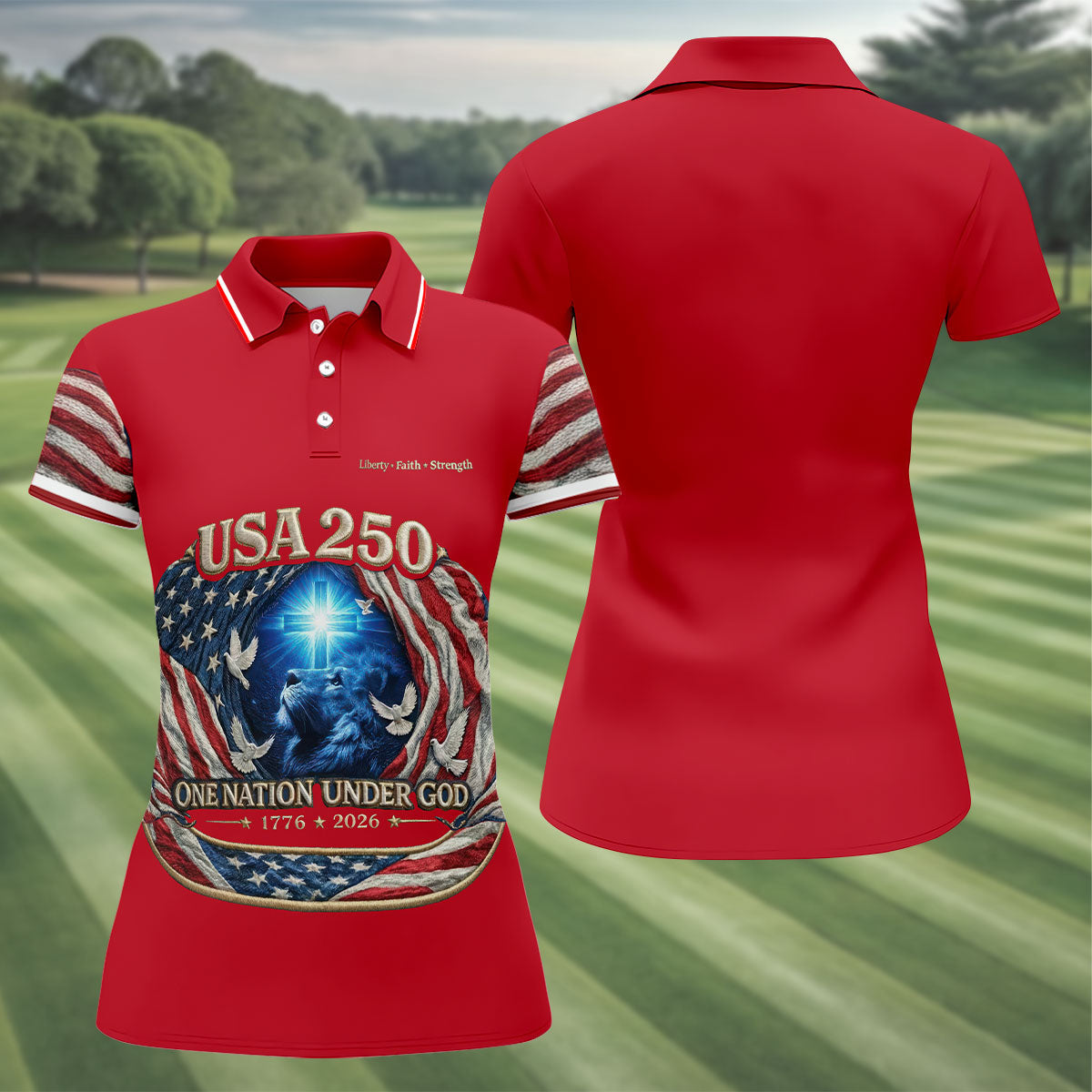One Nation Under God Faith Cross USA 250 Red Golf Shirt, 4th Of July Golf Shirt For Women