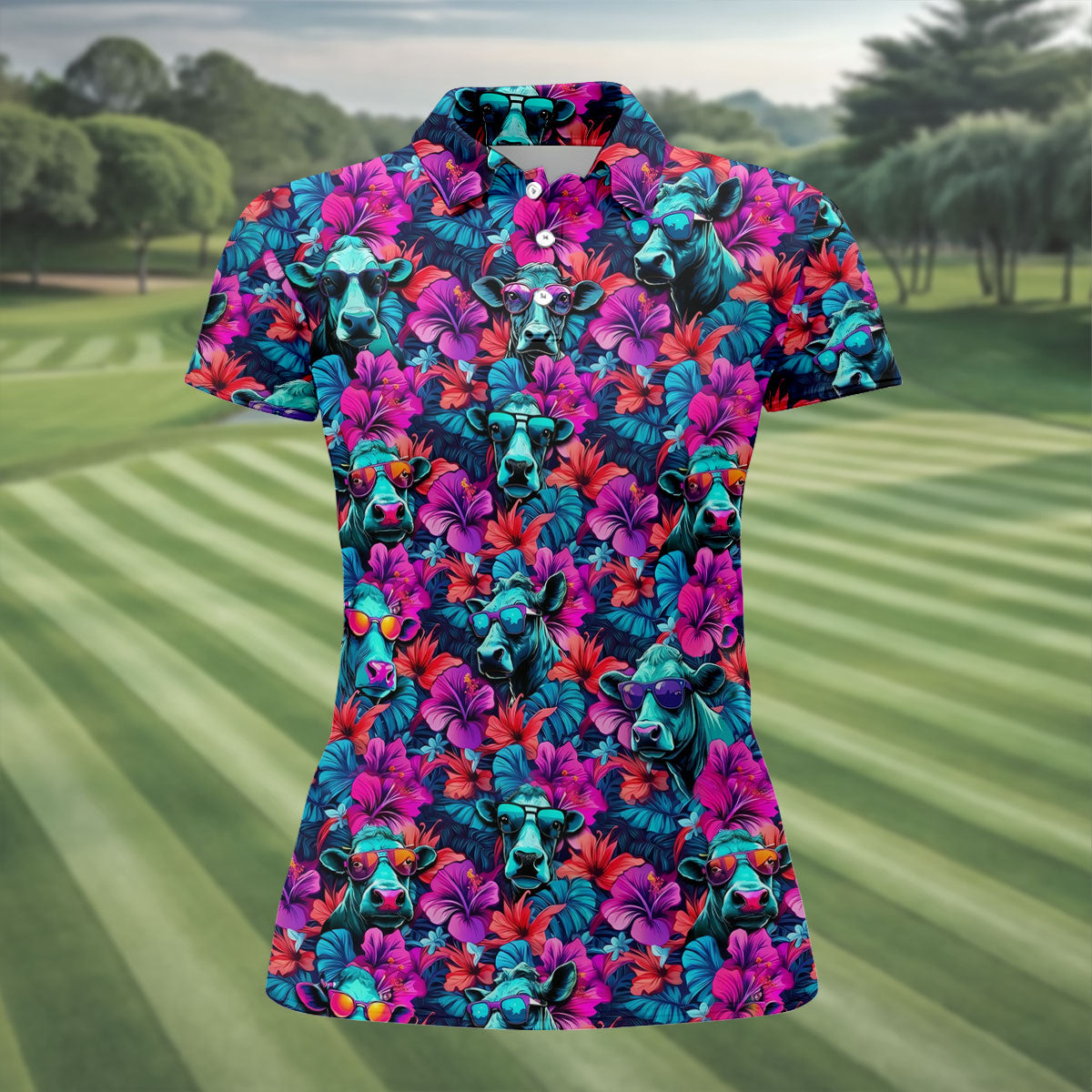 Funny Cow Wearing Sunglasses Tropical Golf Polo Shirt, Golf Shirts For Women, Women's Golf Apparel