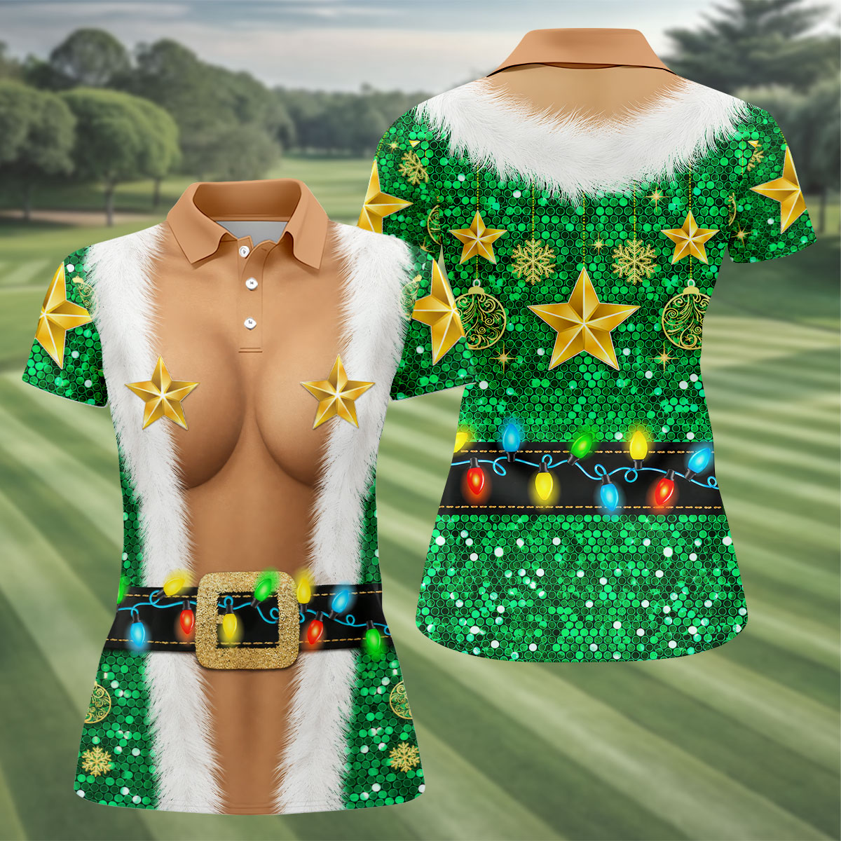 Green Santa Gold Stars Christmas Golf Polo Shirt, Ladies Golf Shirt, Women’s Golf Apparel
