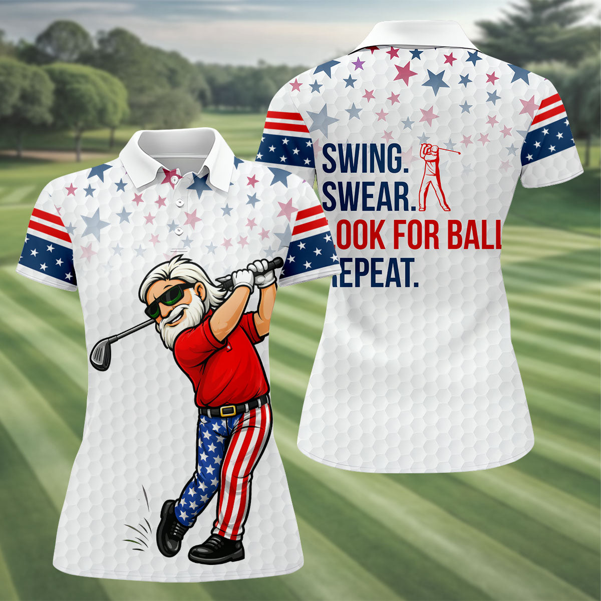 Swing Swear Look For Ball Repeat 250 Years Patriotic 4th Of July Funny Golf Shirt For Women