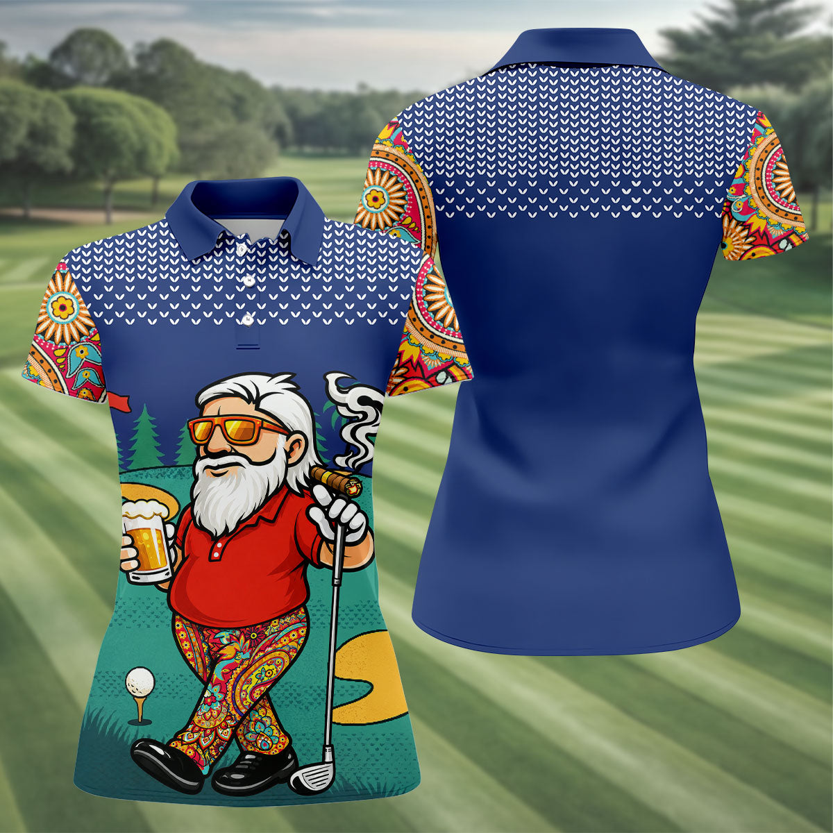 Women's Funny Golf Santa Beer And Cigar Polo Shirt, Christmas Golf Shirt, Women’s Golf Polo, Women’s Golf Apparel