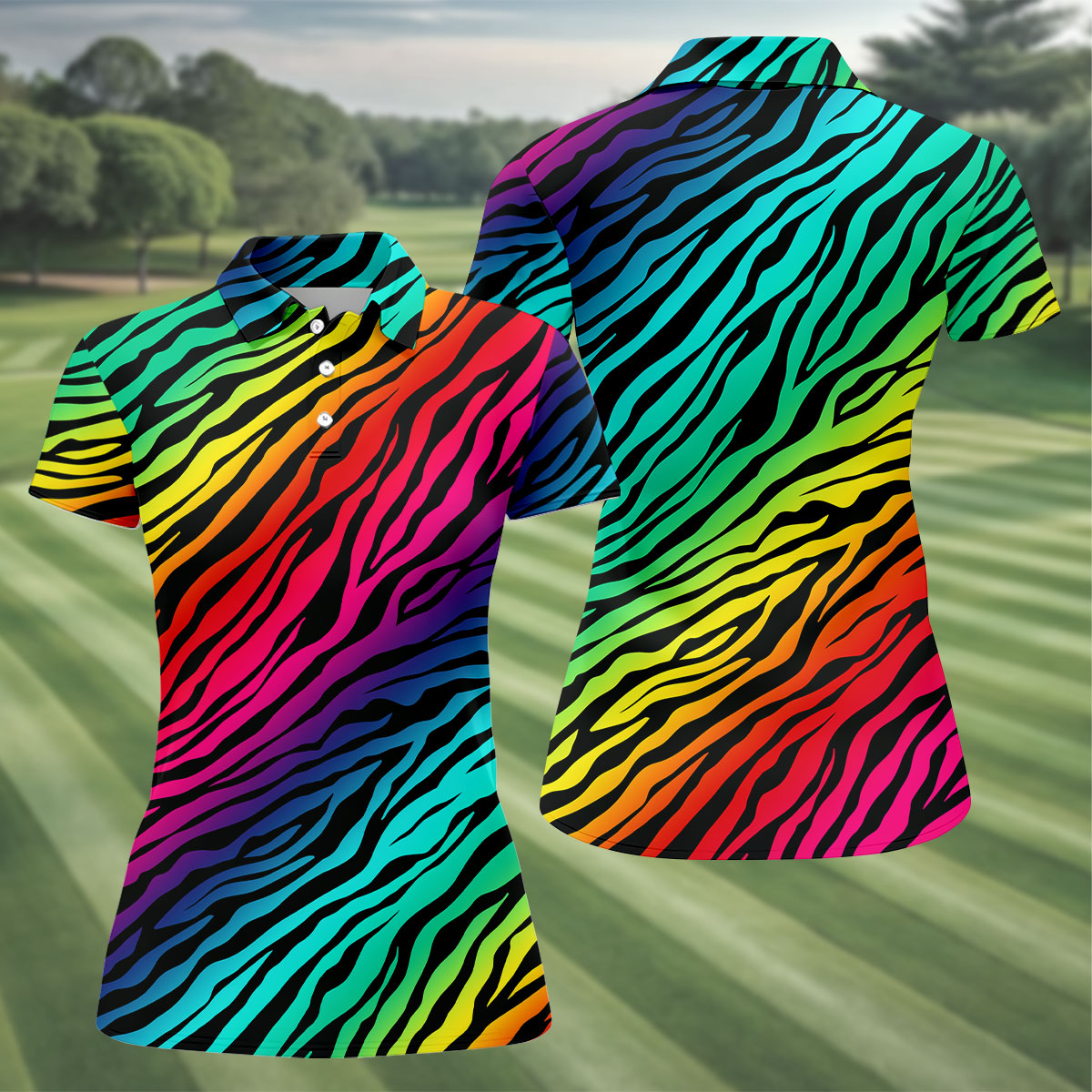 Rainbow Gradient LGBT Support Zebra Pattern Ladies Golf Tops, Pride Month Golf Shirt For Women