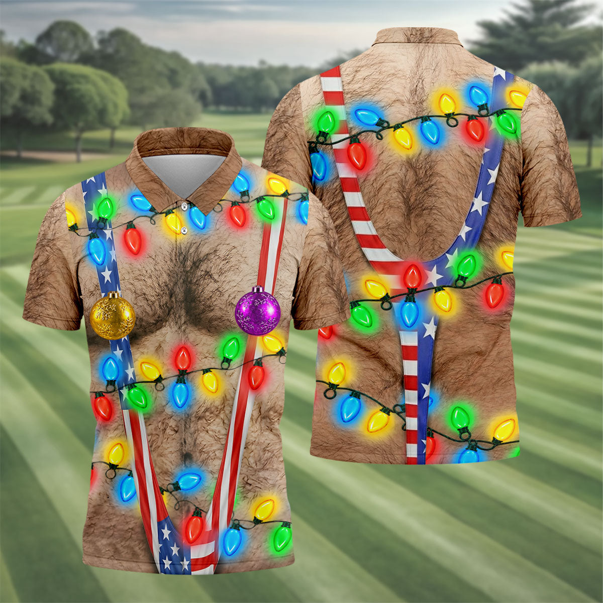 Christmas Lights Suspenders Polo Shirt, Golf Polo Shirts For Men, Mens Golf Shirts