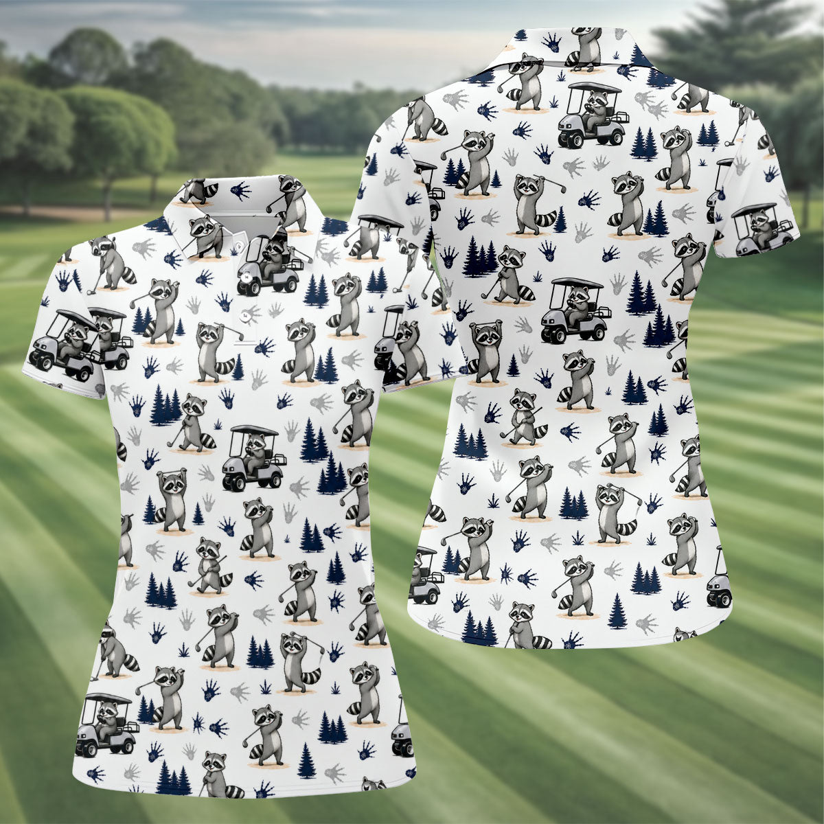 Funny Raccoon Golf Cart Pattern Polo Shirt, Ladies Golf Shirt, Women's Golf Apparel