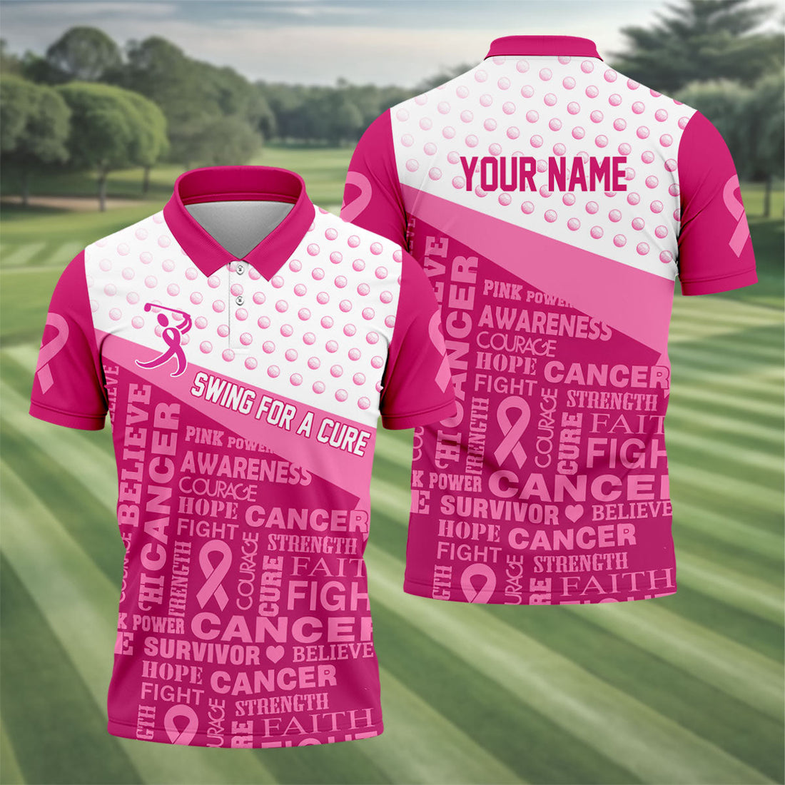 Custom Swing For A Cure Breast Cancer Polo Shirt, Golf Shirts For Men, Printed Golf Shirts