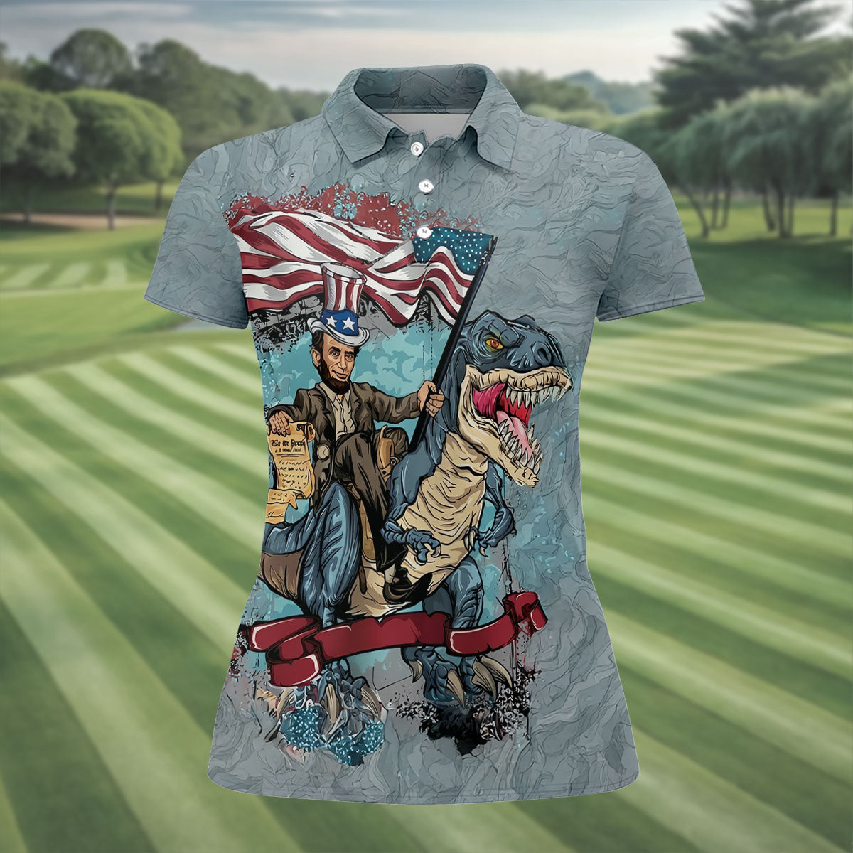 T-Rex Dinosaur US Flag Pattern 4th Of July Golf Shirt, Patriotic 250 Years Golf Shirt For Women