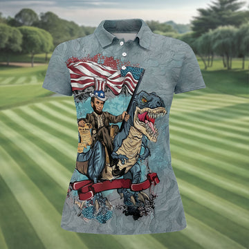 T-Rex Dinosaur US Flag Pattern 4th Of July Golf Shirt, Patriotic 250 Years Golf Shirt For Women