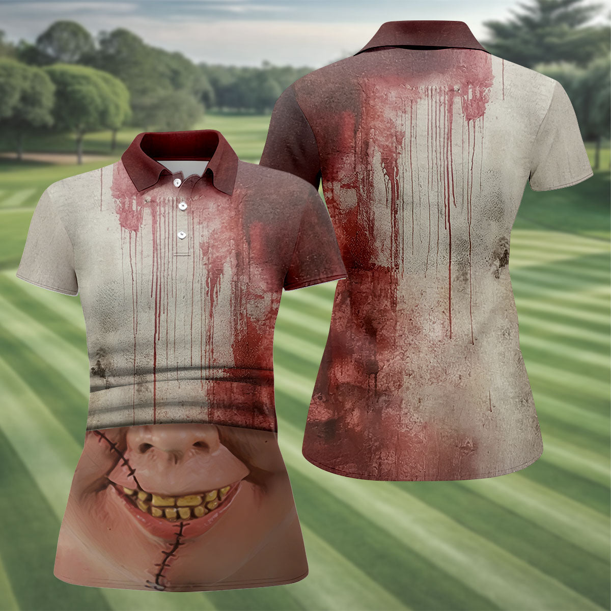 Stitched Face Horror Character Halloween Polo Shirt, Women’s Golf Polo, Ladies Golf Tops