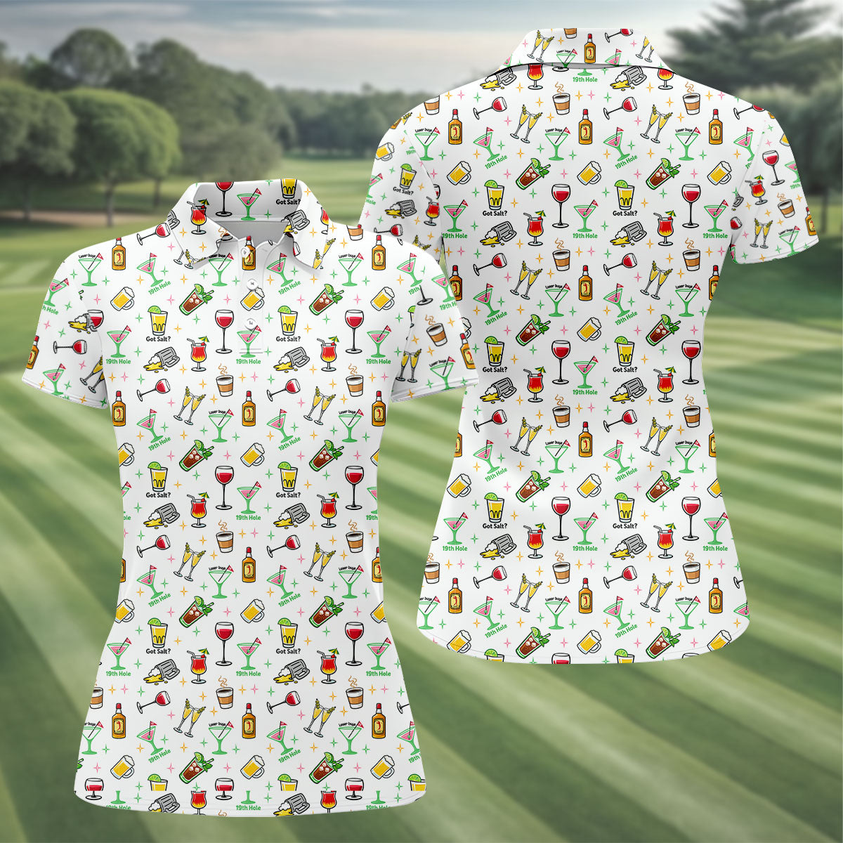 19th Hole Cocktail Drinks Pattern Golf Shirt, Women’s Golf Polo, Golf Shirts For Women