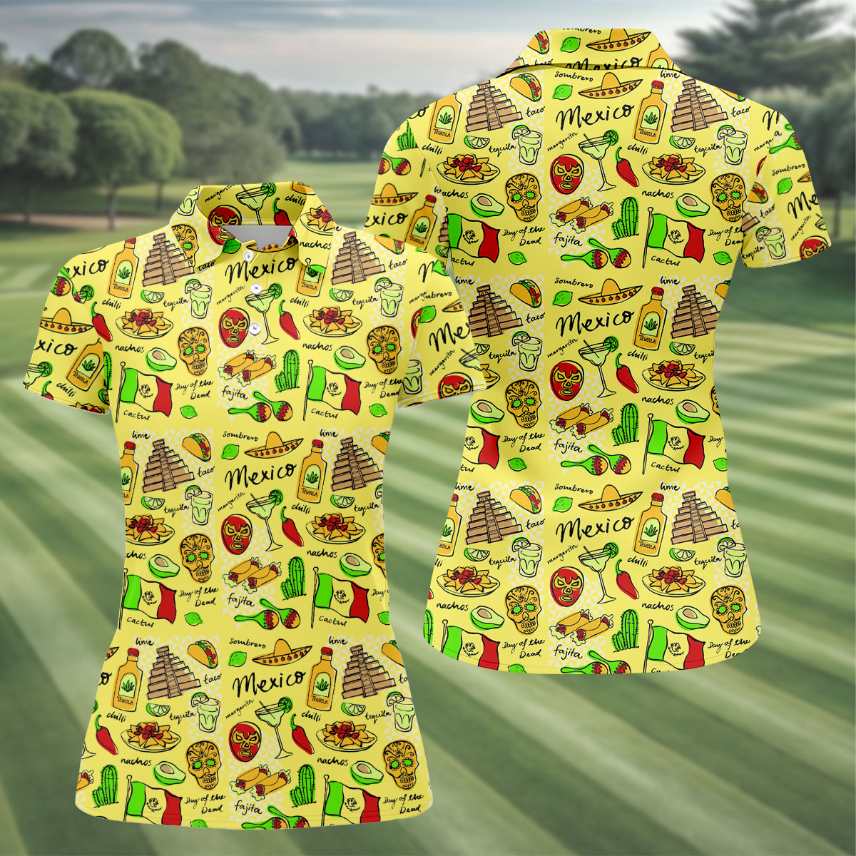Mexican Cultural Symbols Day Of The Dead Ladies Golf Tops, Cinco De Mayo Celebration Golf Shirt For Women