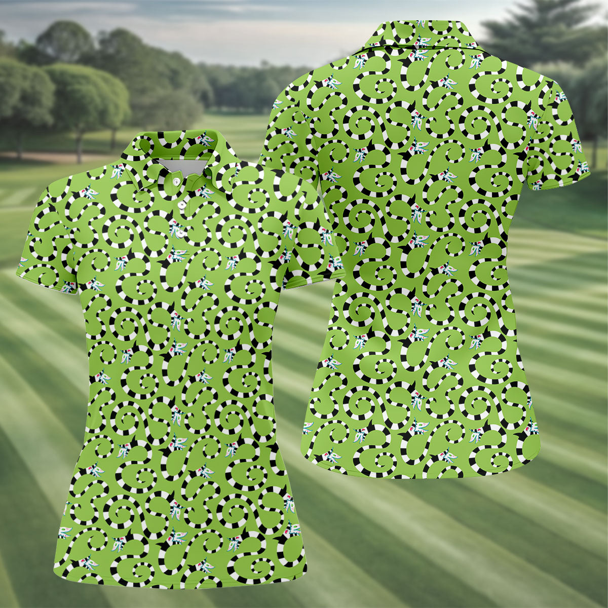 Striped Horror Creature Golf Polo Shirt, Golf Shirts For Women, Halloween Tops For Women