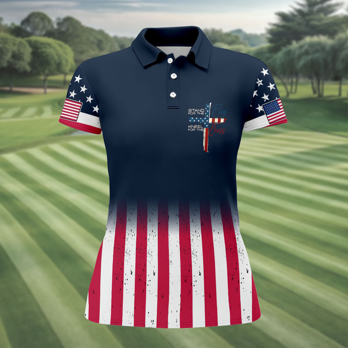 Stand For The Flag Kneel For The Cross Patriotic Golf Shirt, 250 Years 4th Of July Golf Shirt For Women
