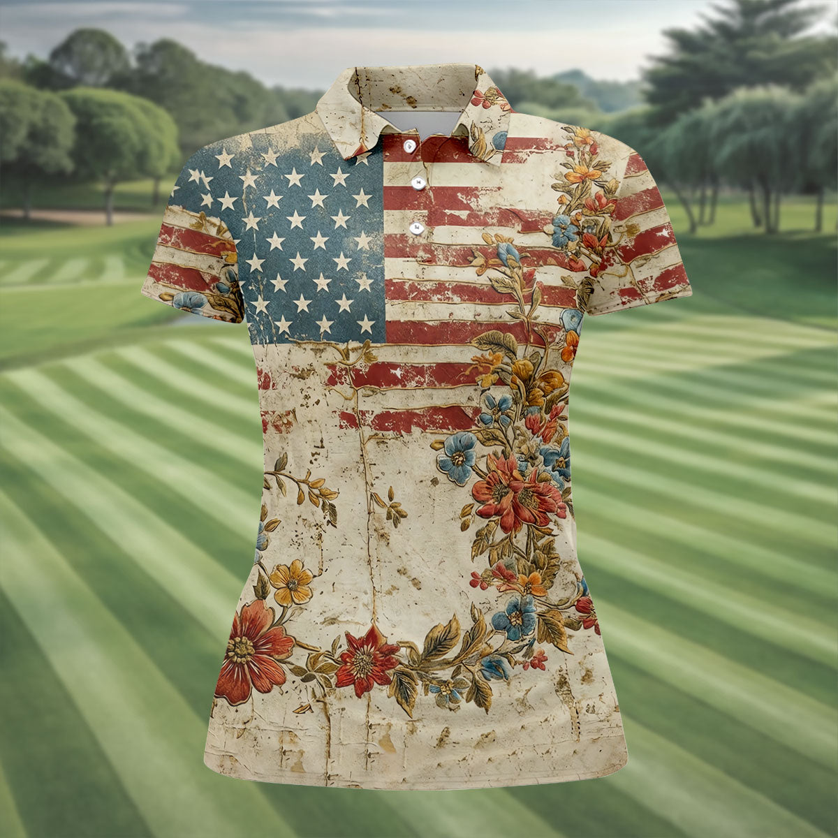 Floral American Flag Vintage Golf Shirt, 250 Years Patriotic 4th Of July Golf Shirt For Women