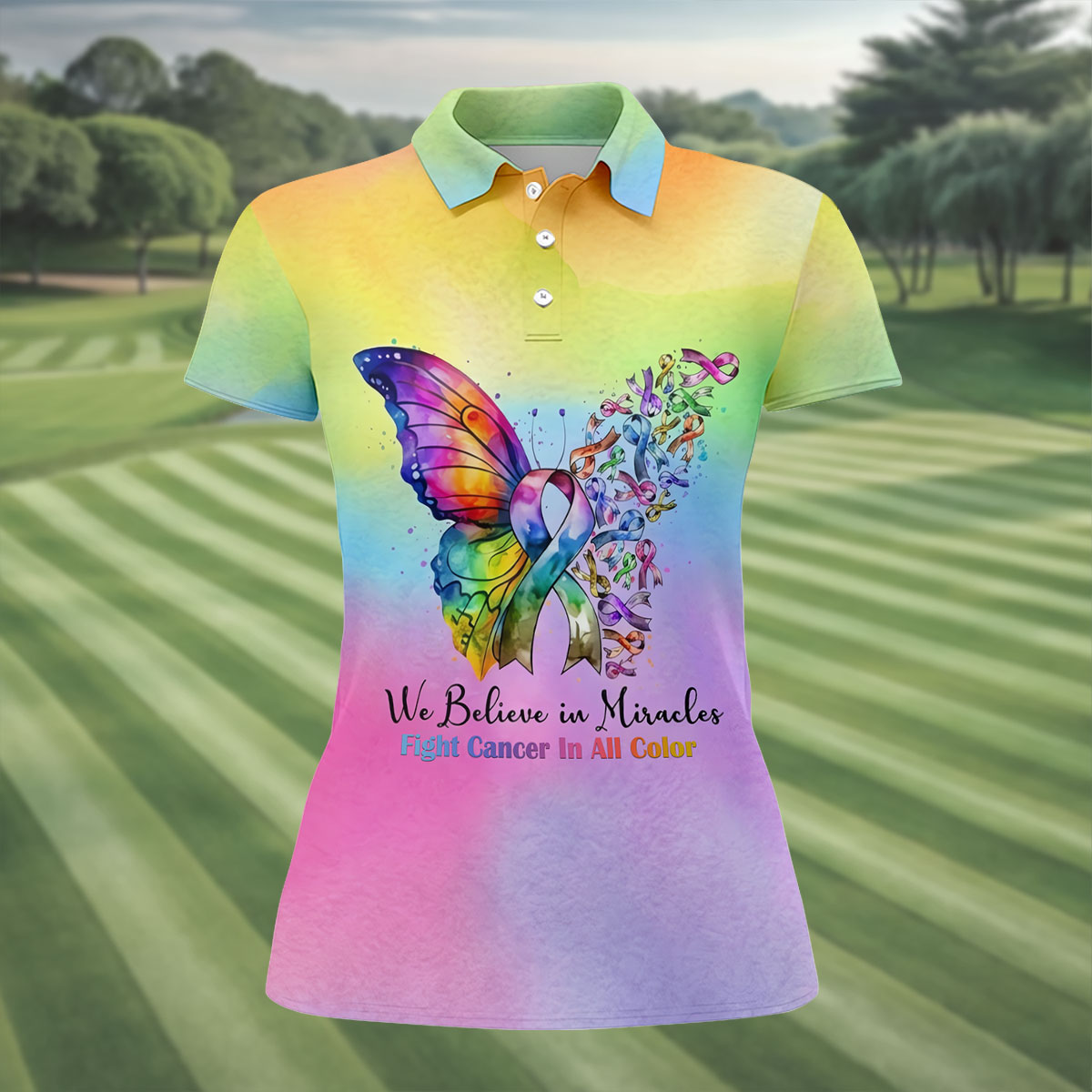 We Believe In Miracles Butterfly Cancer Polo Shirt, Golf Polo For Women, Ladies Golf Top