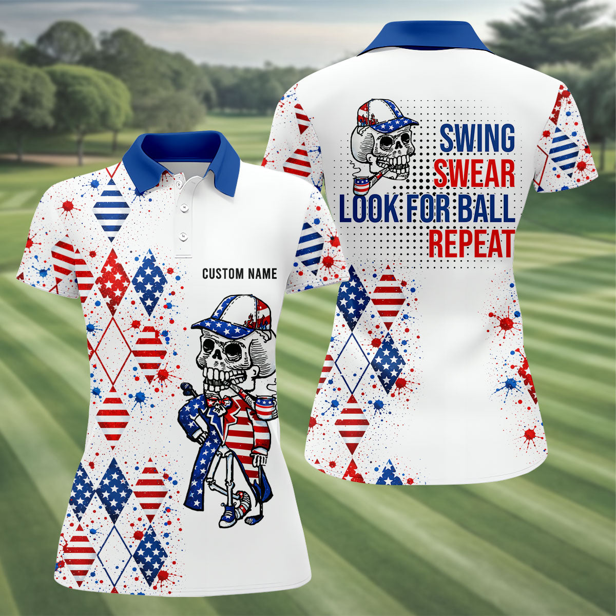 Swing Swear Look For Ball Repeat Red White Blue Argyle Golf Shirt, 250 Years Golf Shirt For Women