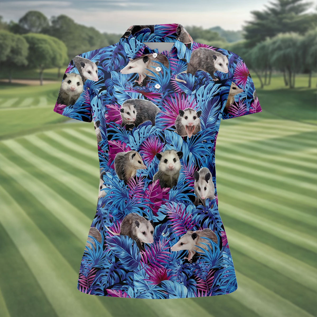 Funny Opossum Blue Purple Hawaiian Golf Shirt, Tropical Theme Golf Shirt For Women