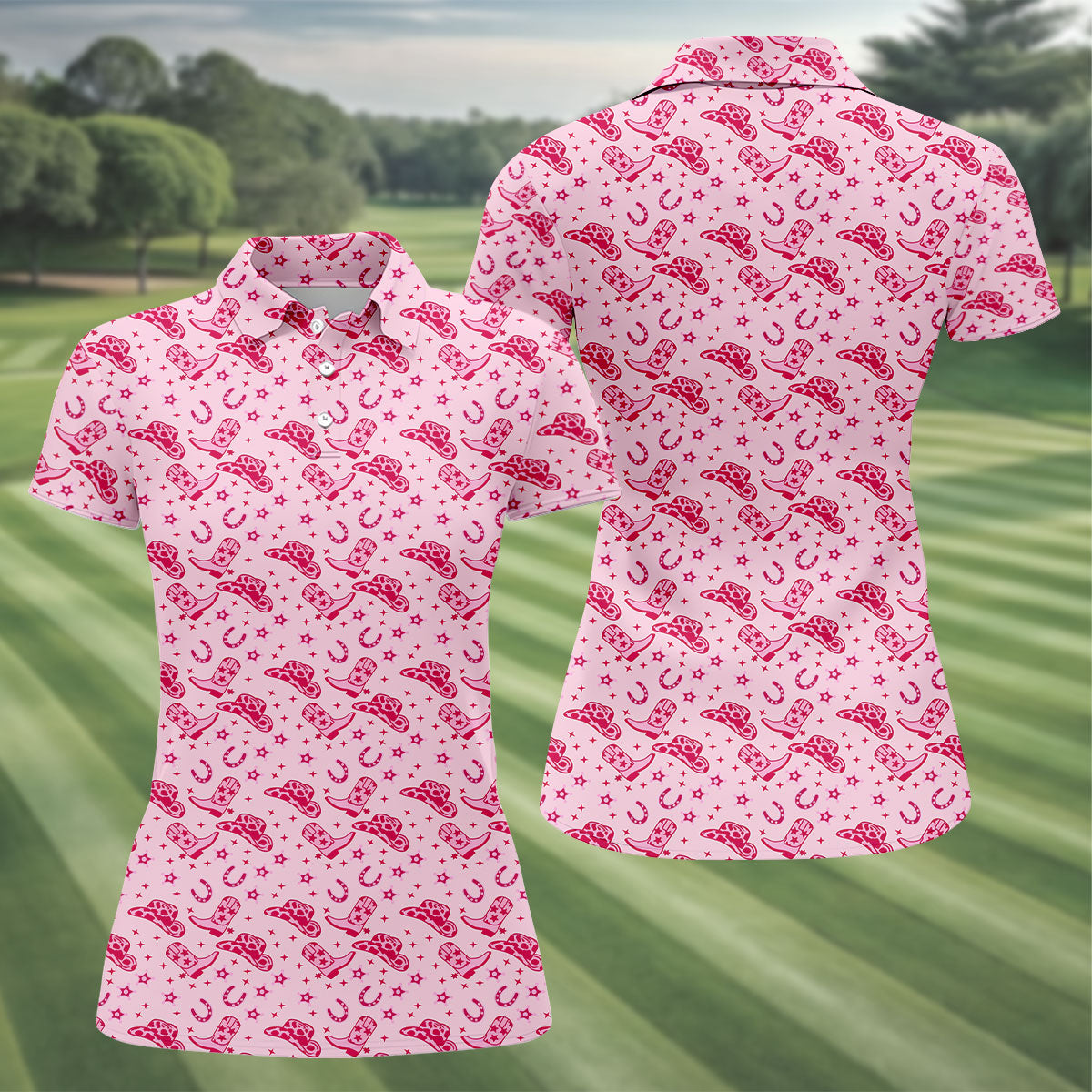 Pink Cowgirl Boots Hat Pattern Hawaiian Golf Shirt, Golf Polo For Women, Women’s Golf Apparel