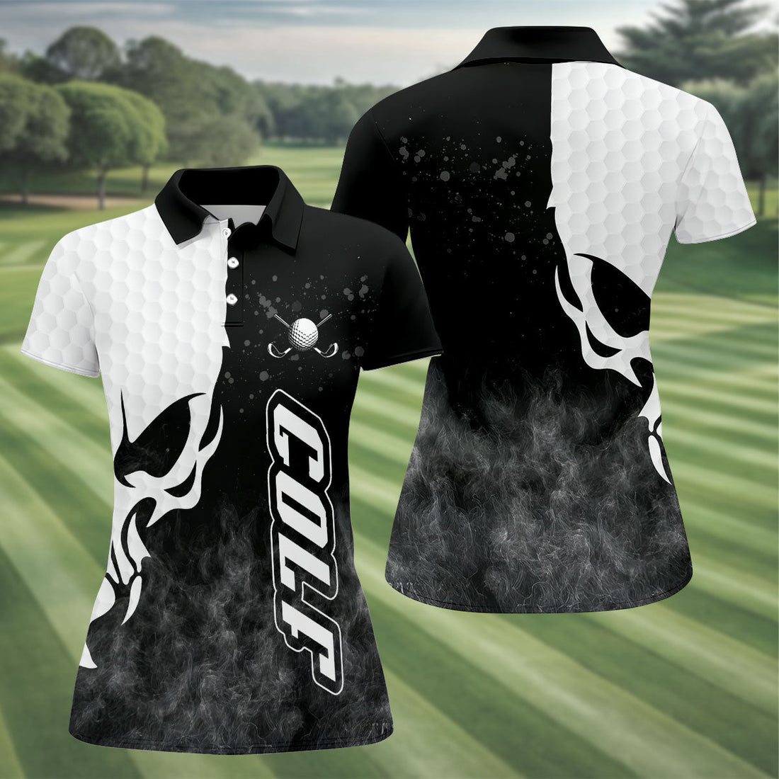Monochrome Skull Golf Ball Graphic Golf Shirt, Golf Polo For Women, Printed Golf Shirt
