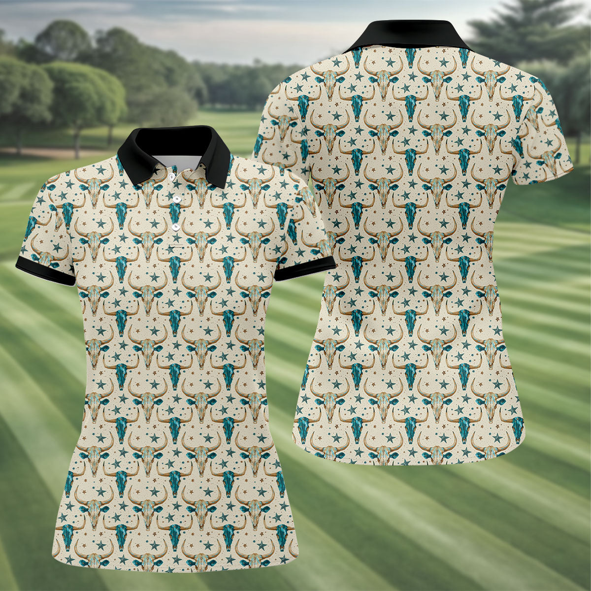 Cow Skulls Turquoise And Beige Western Theme Women Golf Top, Ladies Golf Shirts, Golf Shirt For Women
