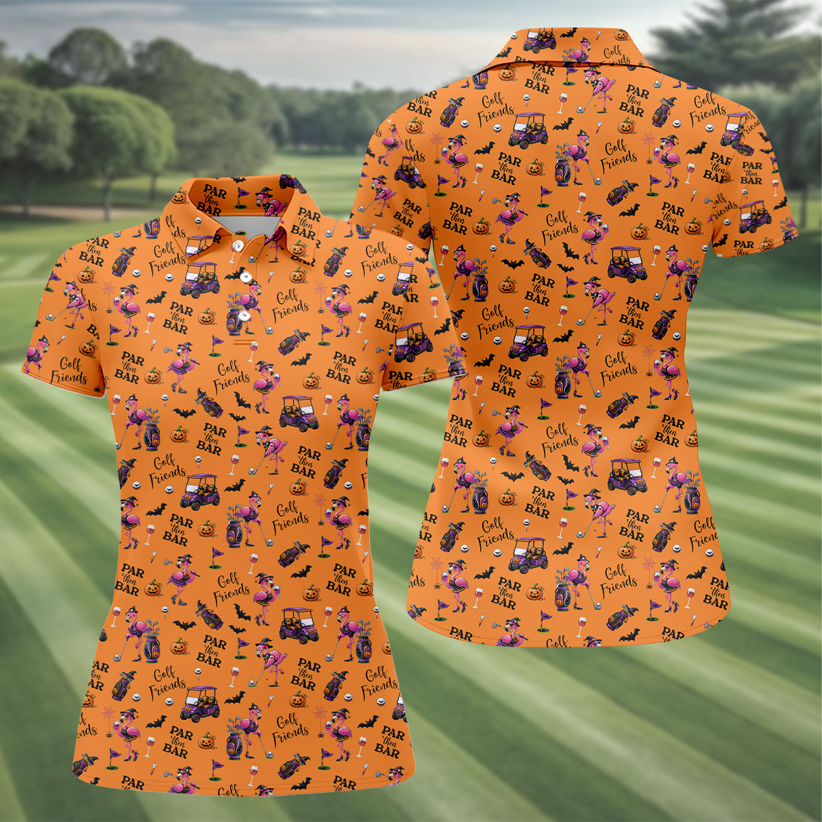 Orange Par Then Bar Flamingo Halloween Shirt, Golf Shirts For Women, Ladies Golf Tops
