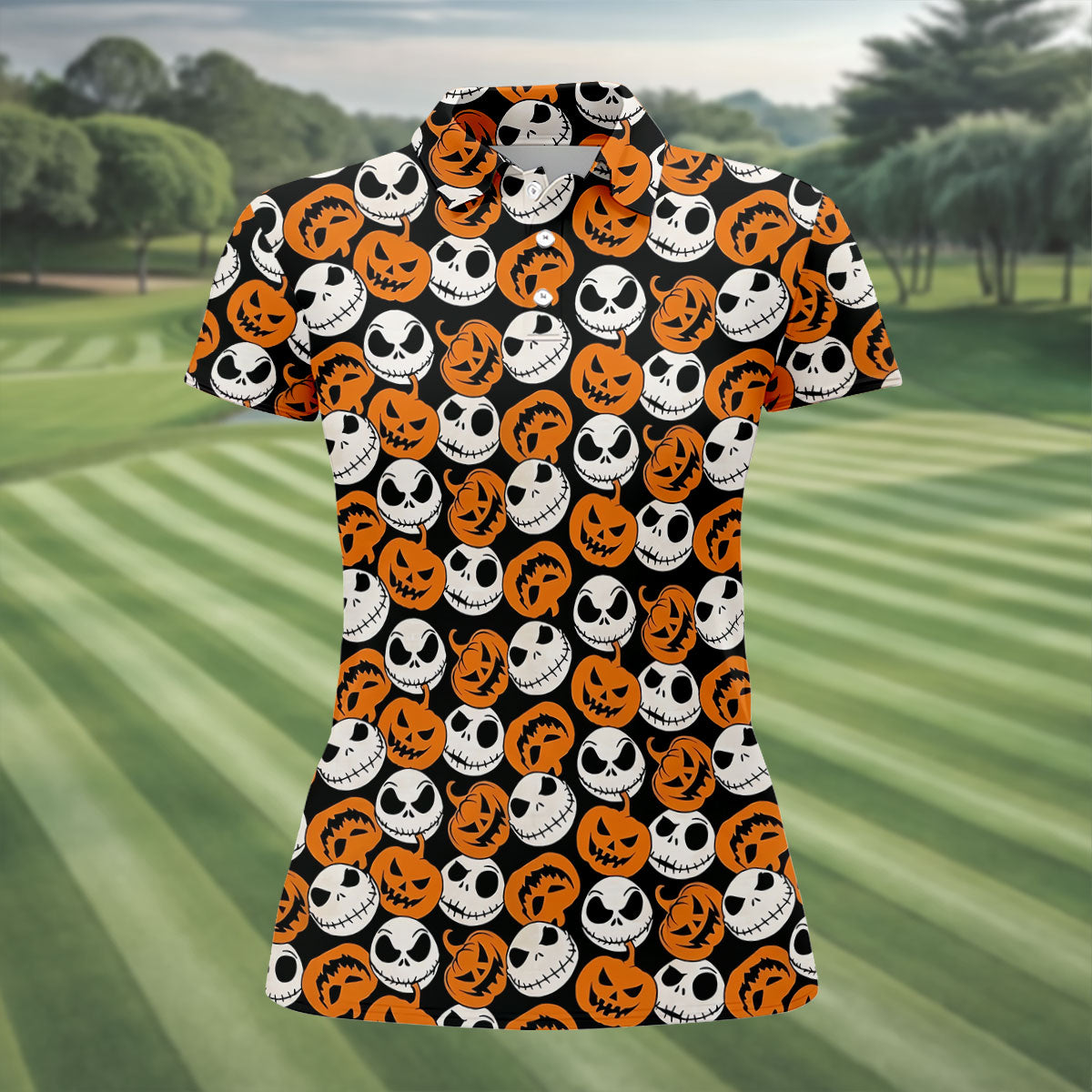 Halloween Skull Pumpkin Pattern Golf Polo Shirt, Ladies Golf Tops, Golf Shirts For Women