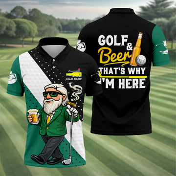 Golf And Beer That's Why I'm Here Plastered Beer Bottle Logo Golf Tops For Men, Fun Golf Shirt
